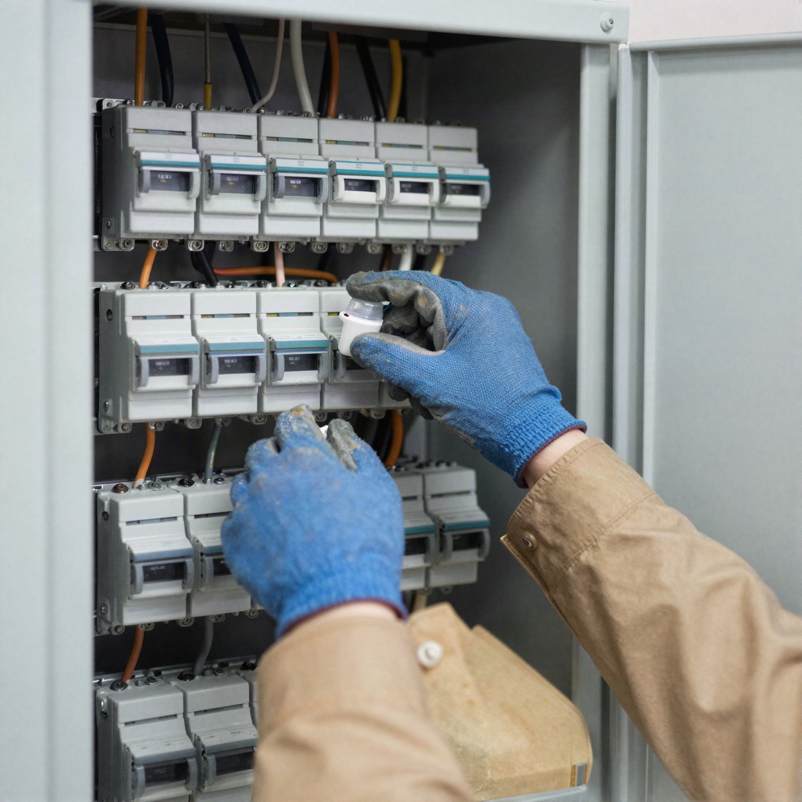 Gloved hands working on breakers inside an open electrical panel