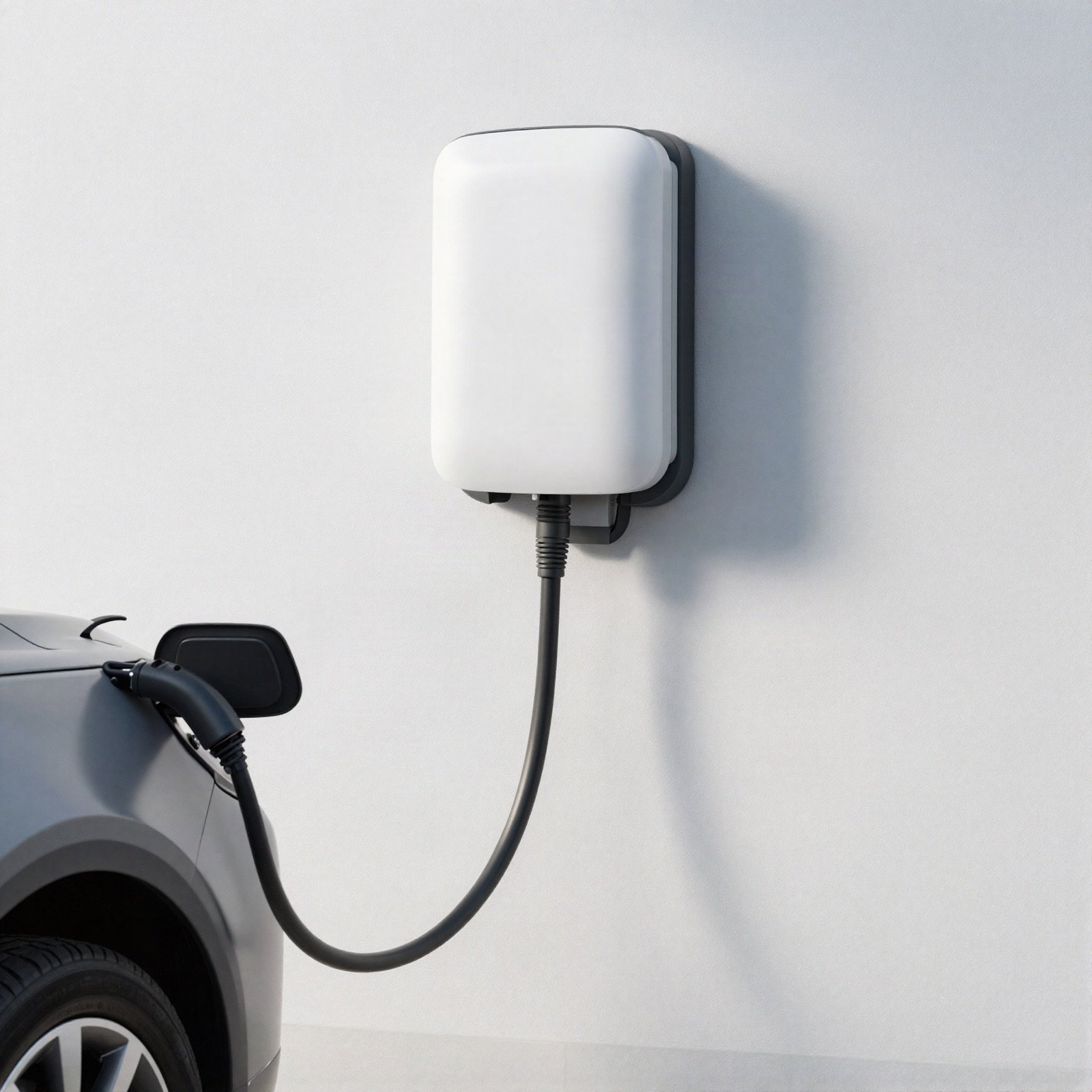White wall-mounted EV charger connected to a car in a garage