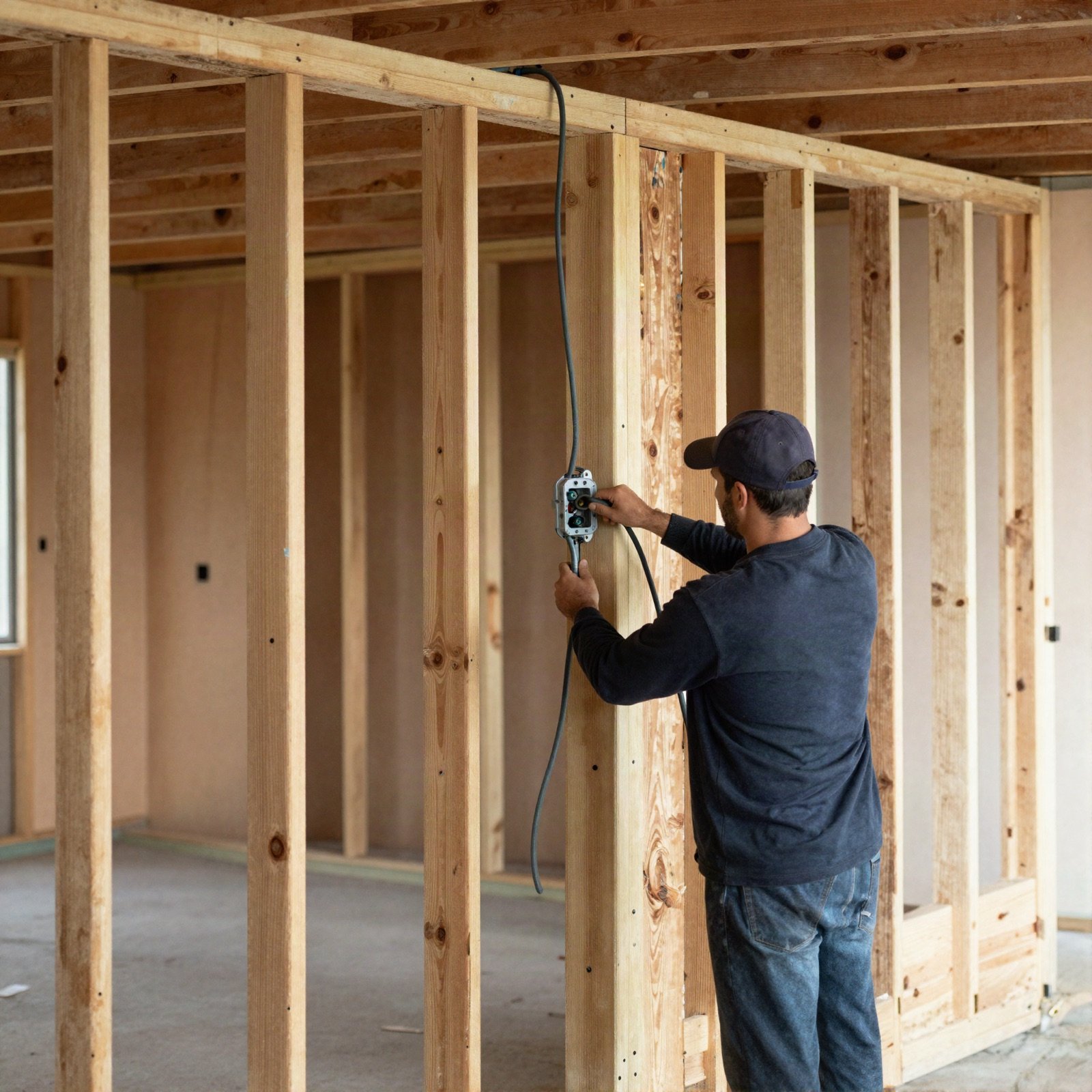 Electrician pulling new cable through the open timber frame of a house