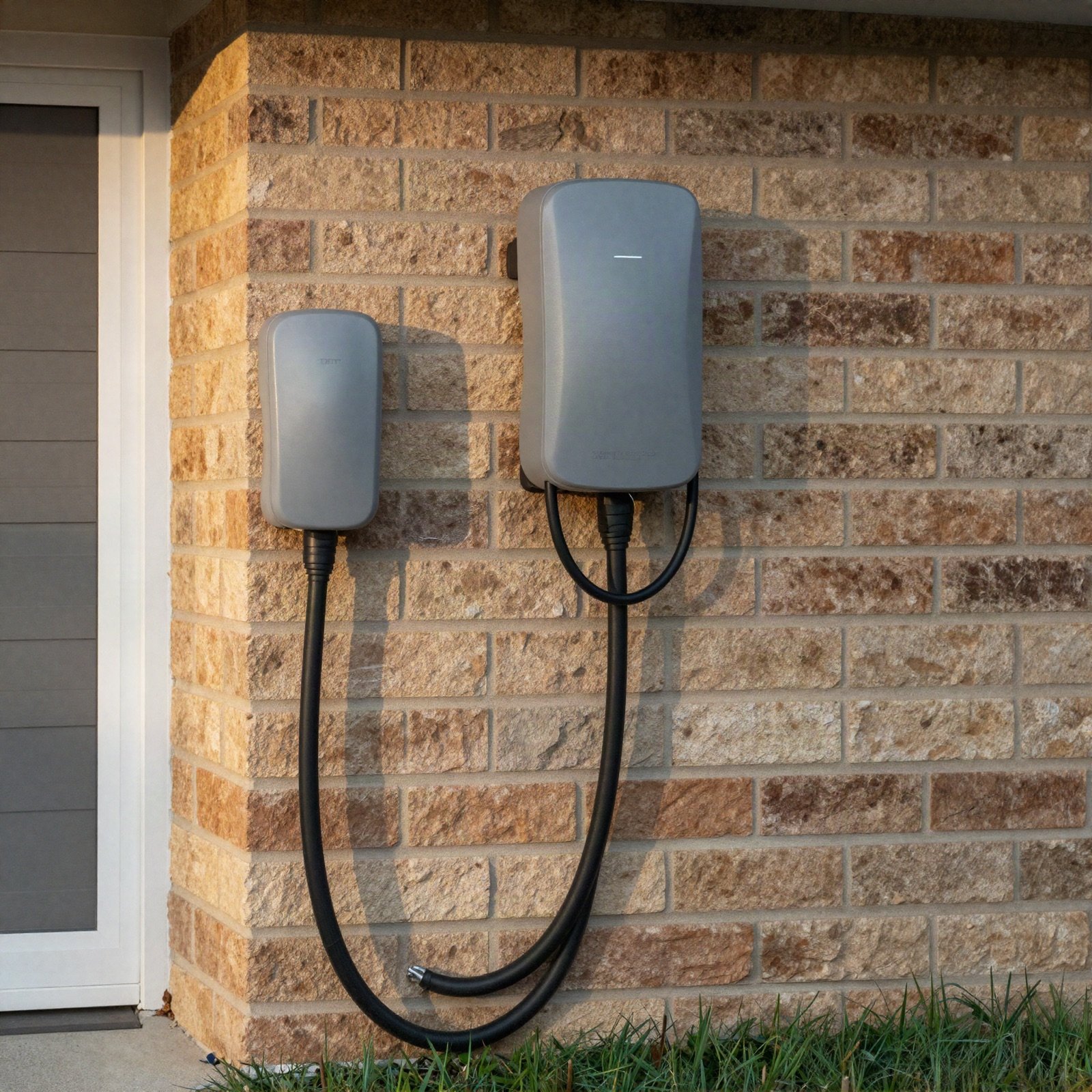 Two grey EV chargers mounted on a brick wall beside a driveway