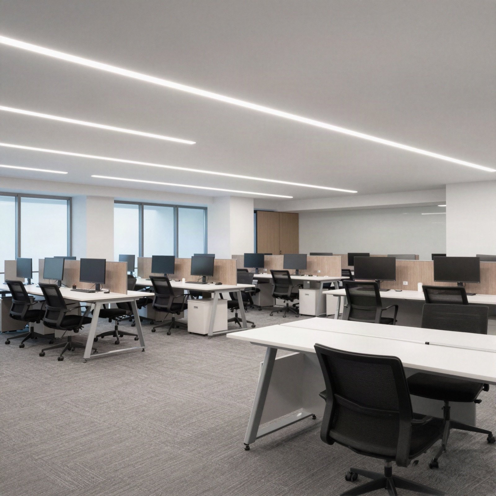 Open-plan office lit by long linear LED ceiling lights