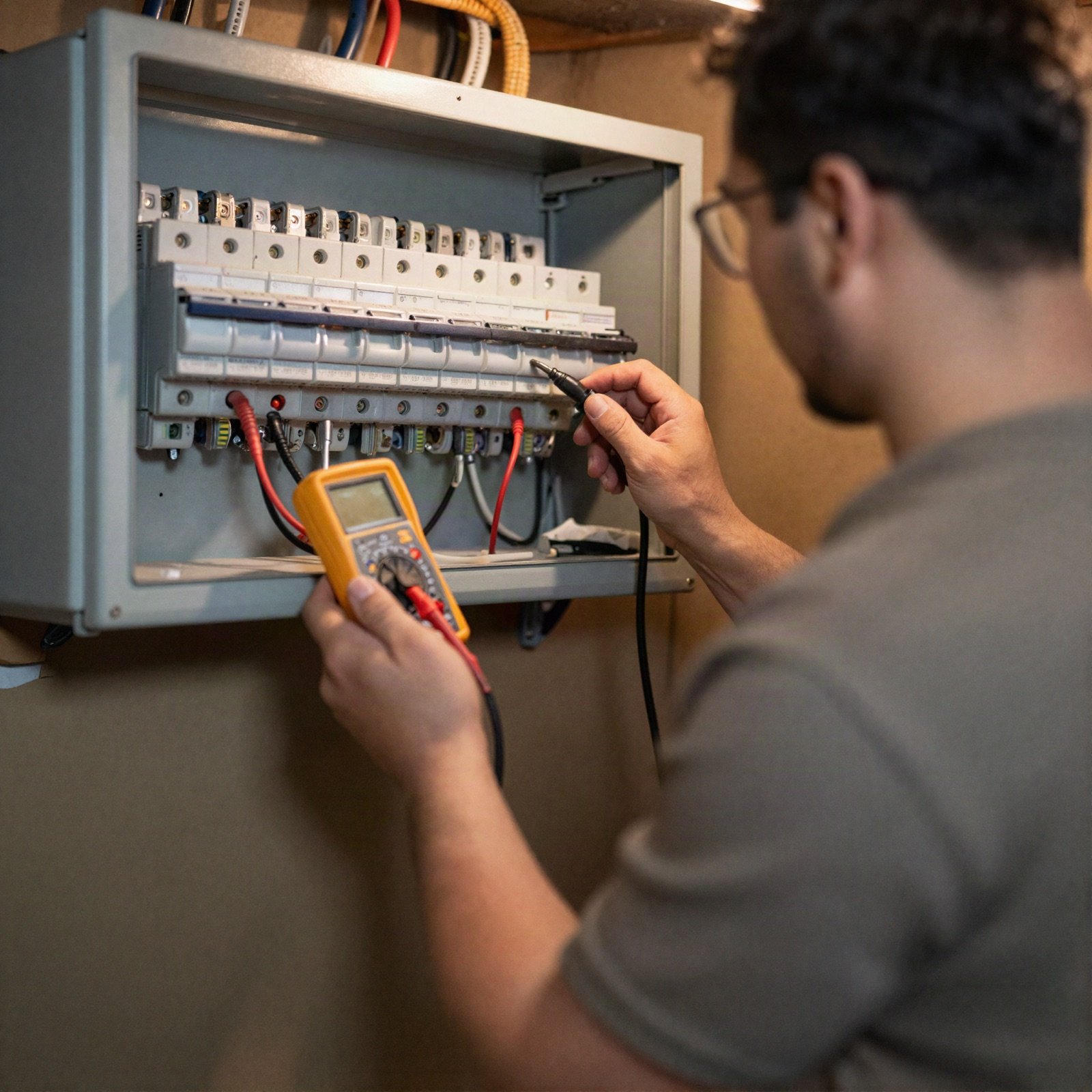 Electrician testing a breaker panel with a yellow multimeter