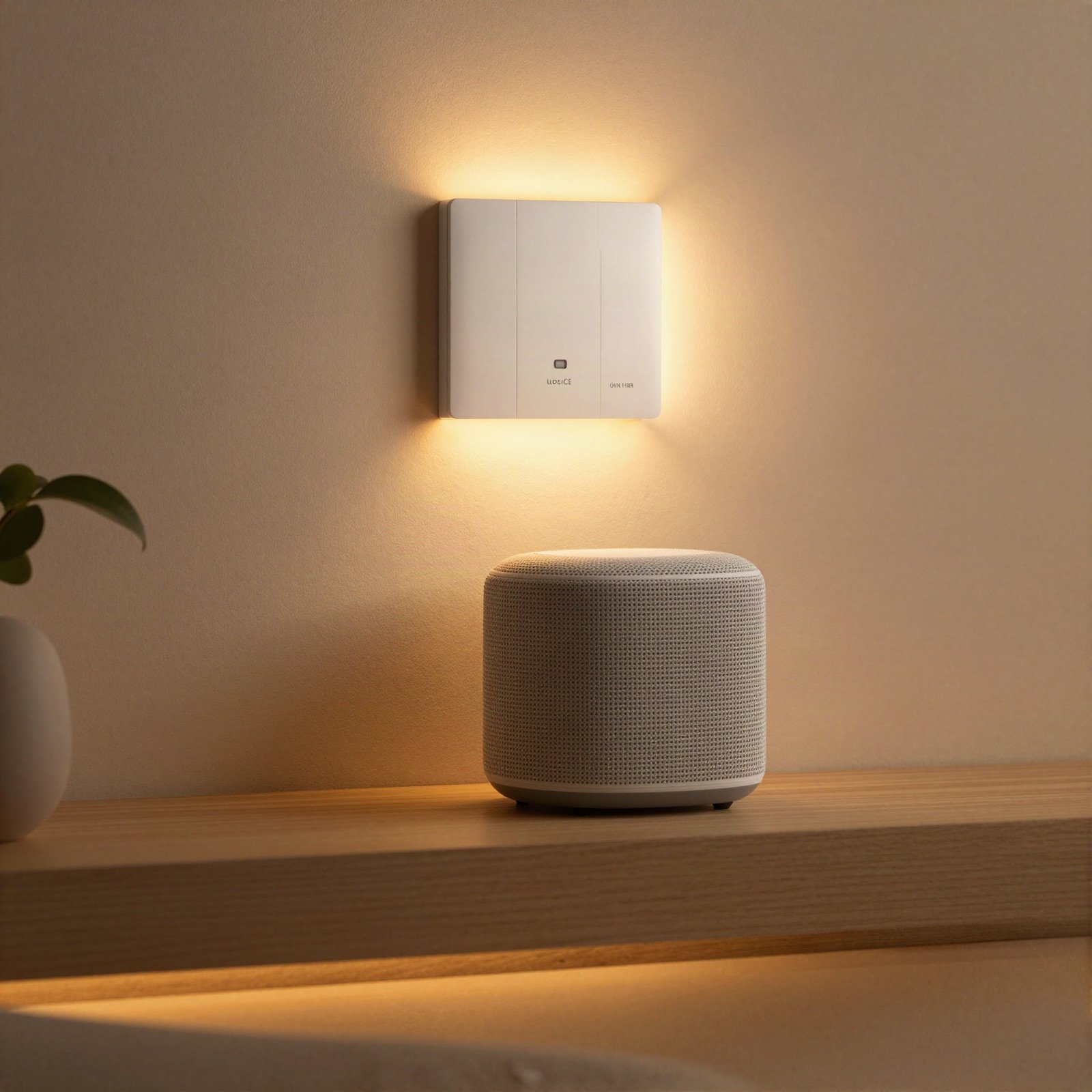 Living room with a smart wall panel, warm wall light and a smart speaker