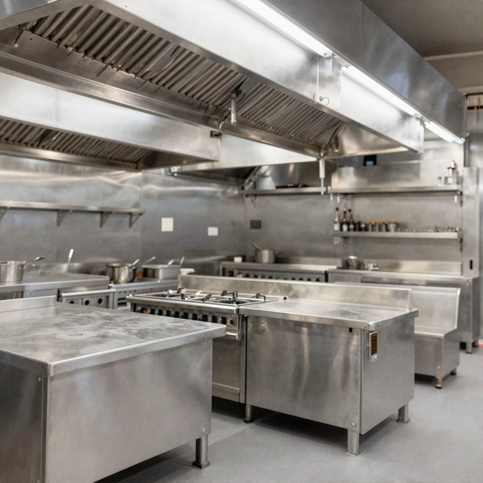 Stainless steel commercial kitchen with bright overhead lighting
