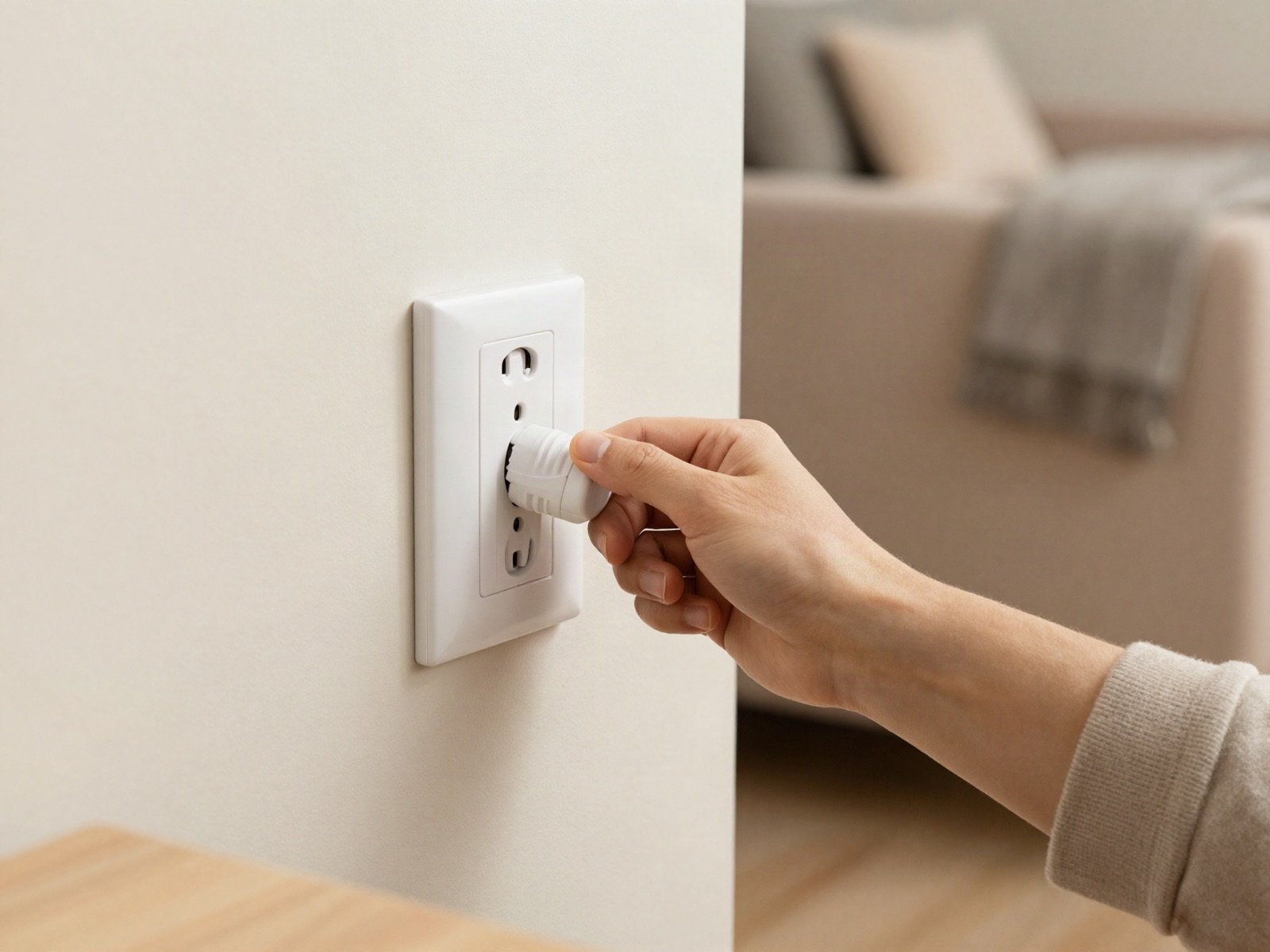Hand plugging into a white wall outlet in a living room