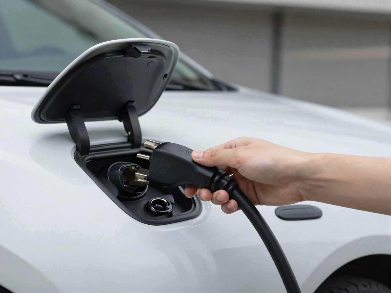 Hand inserting a charging plug into a white electric car