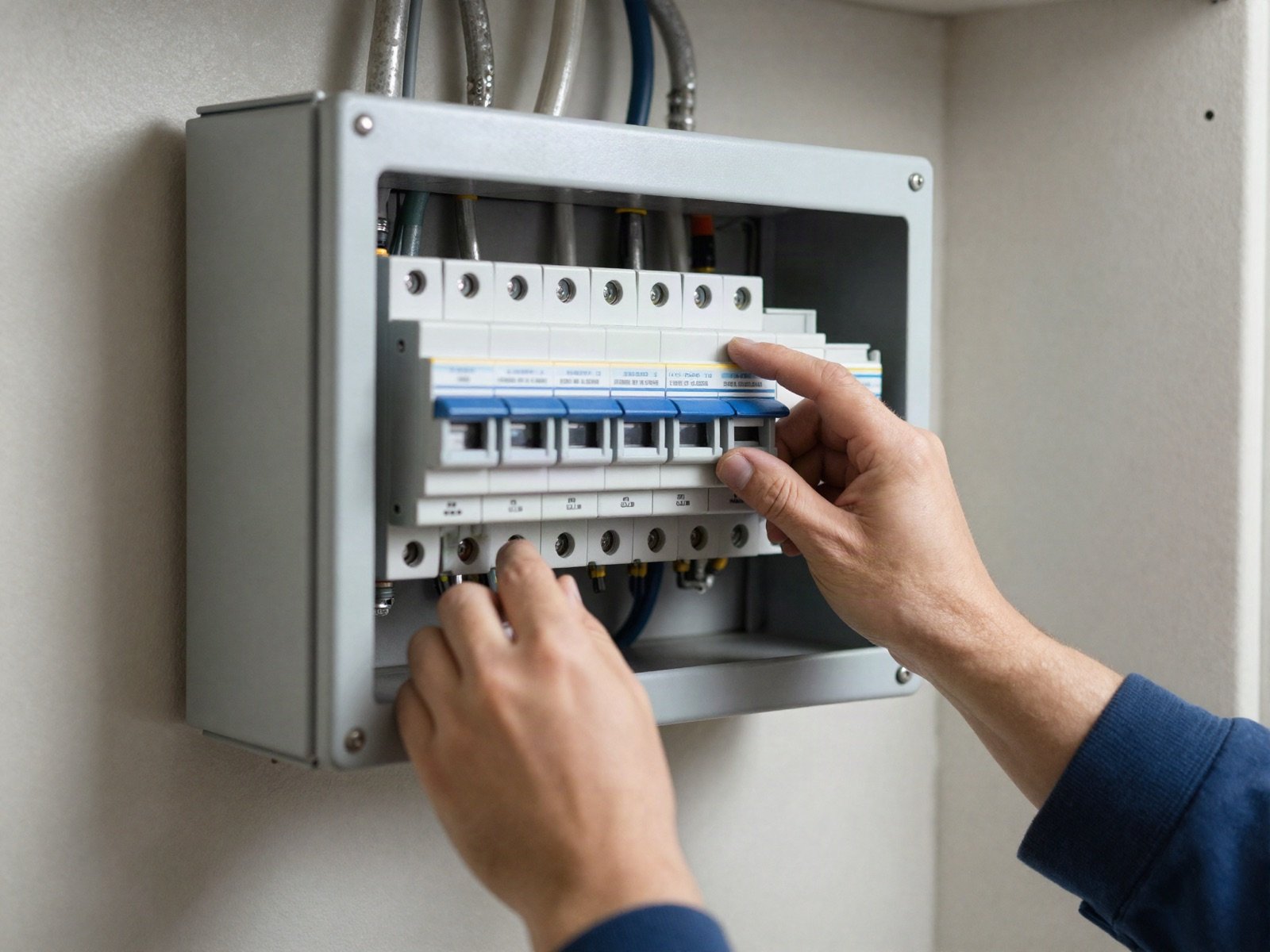 Hands switching breakers in a newly installed electrical panel
