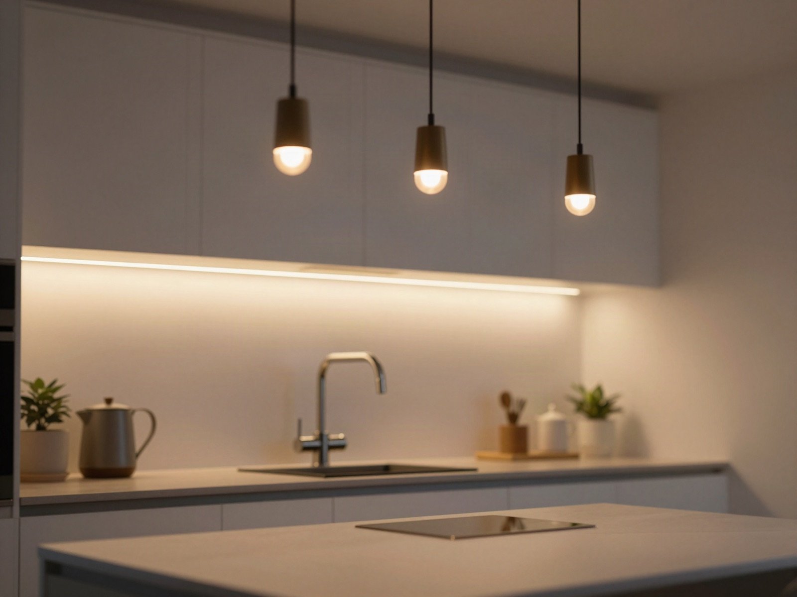 Modern kitchen lit by LED pendants and under-cabinet strips