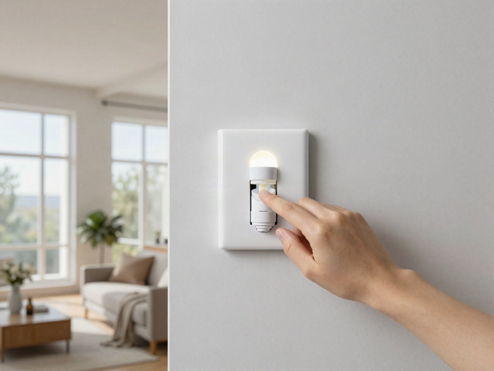 Hand pressing a wall light switch in a bright living room