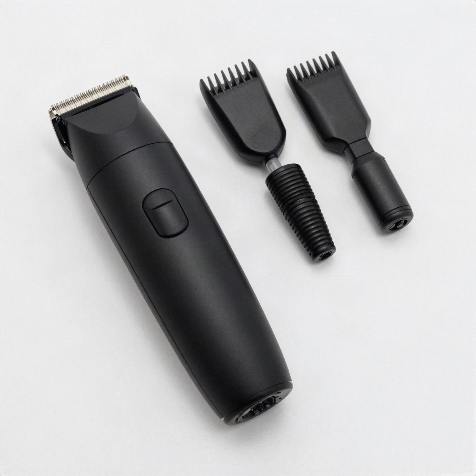 Black cordless trimmer with two comb attachments
