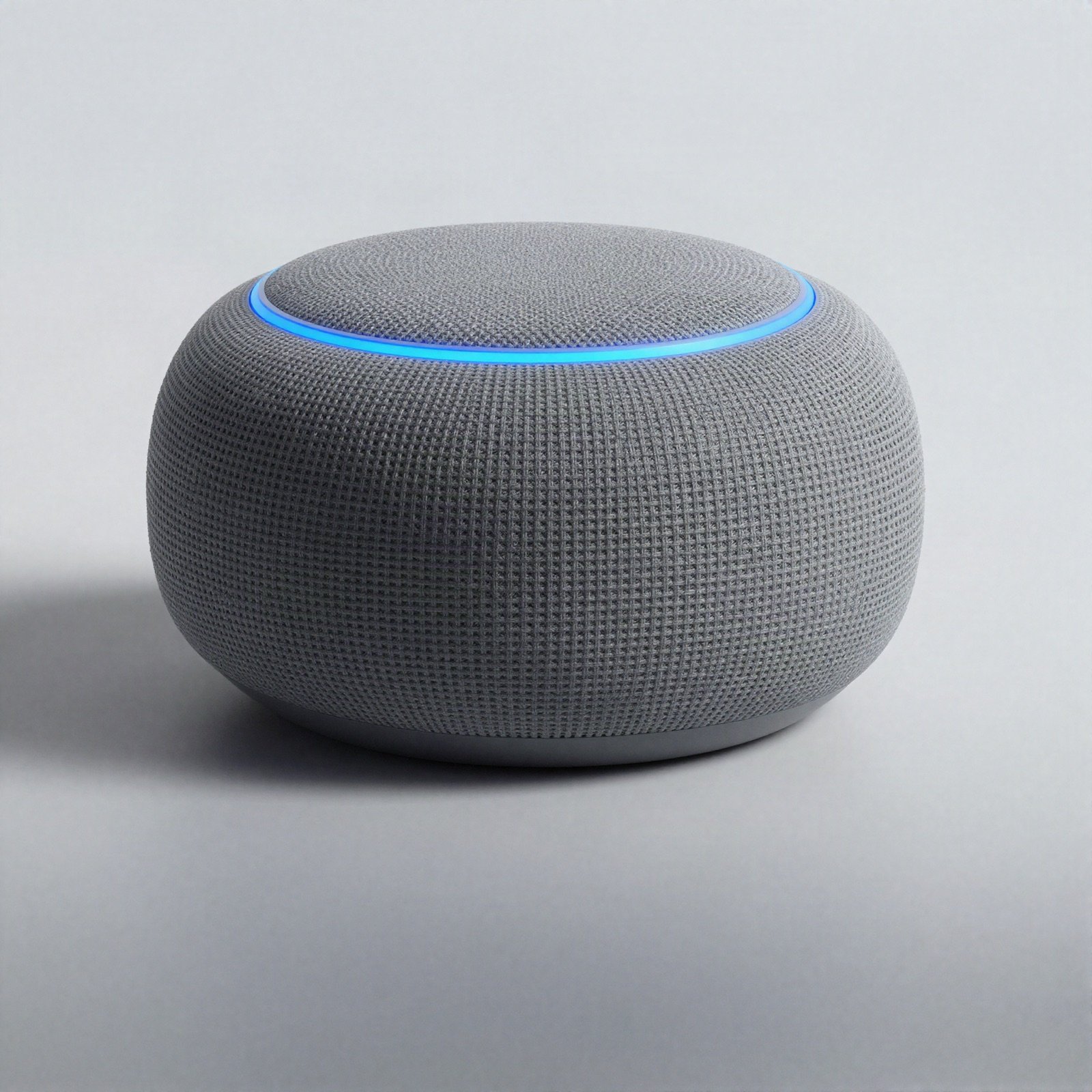 Compact round grey fabric smart speaker with a blue light ring