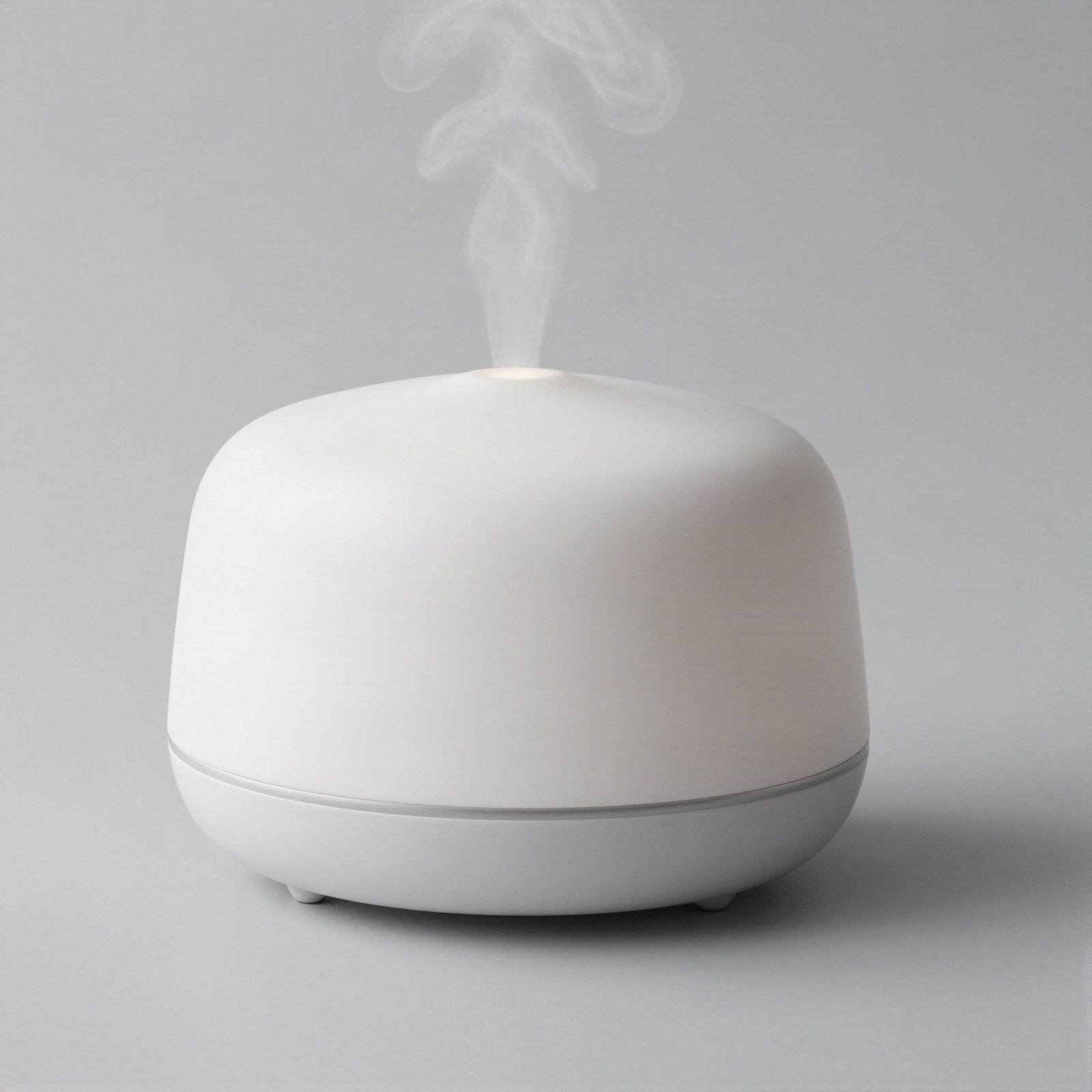 White ultrasonic aroma diffuser releasing a soft wisp of mist
