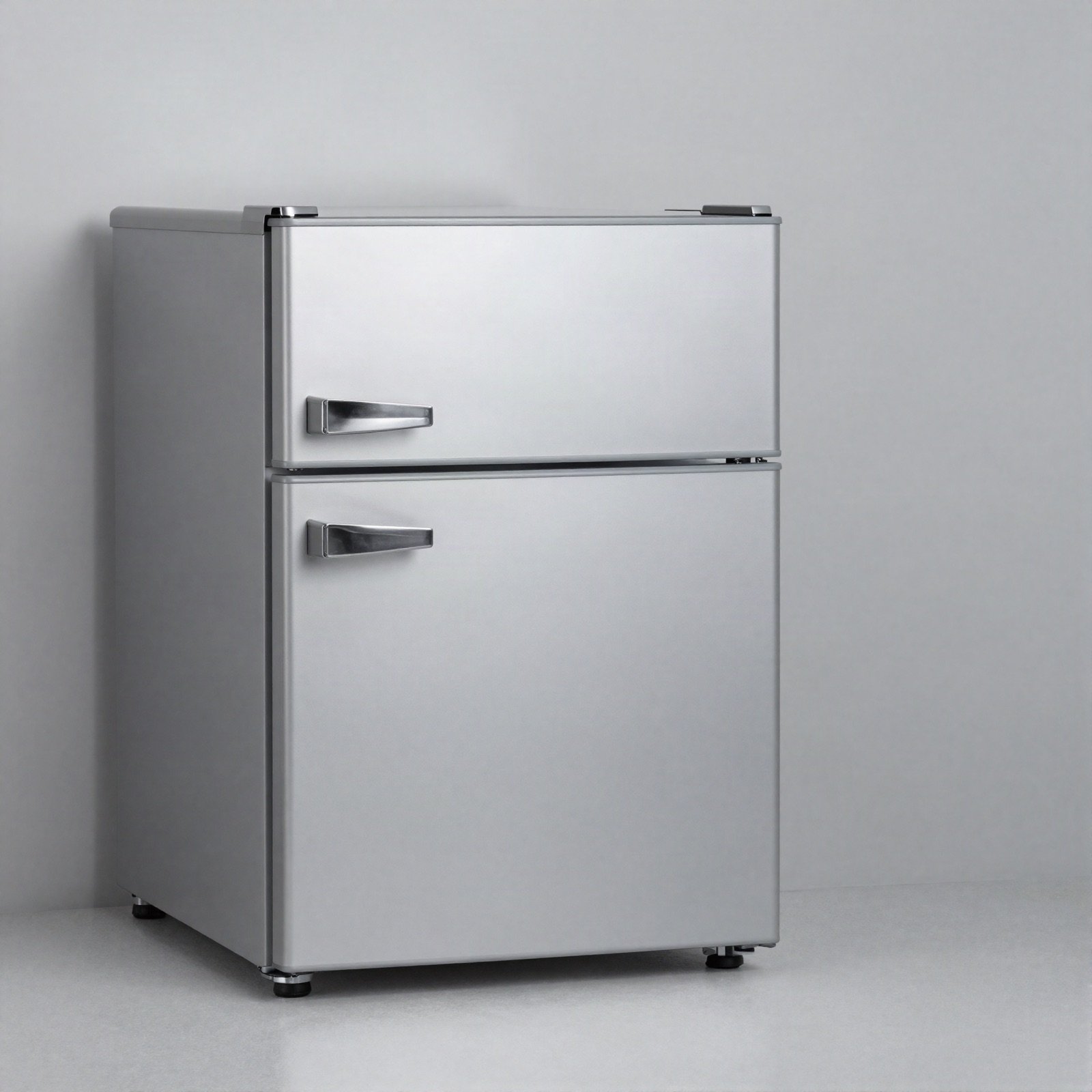 Compact silver two-door mini fridge with a small freezer