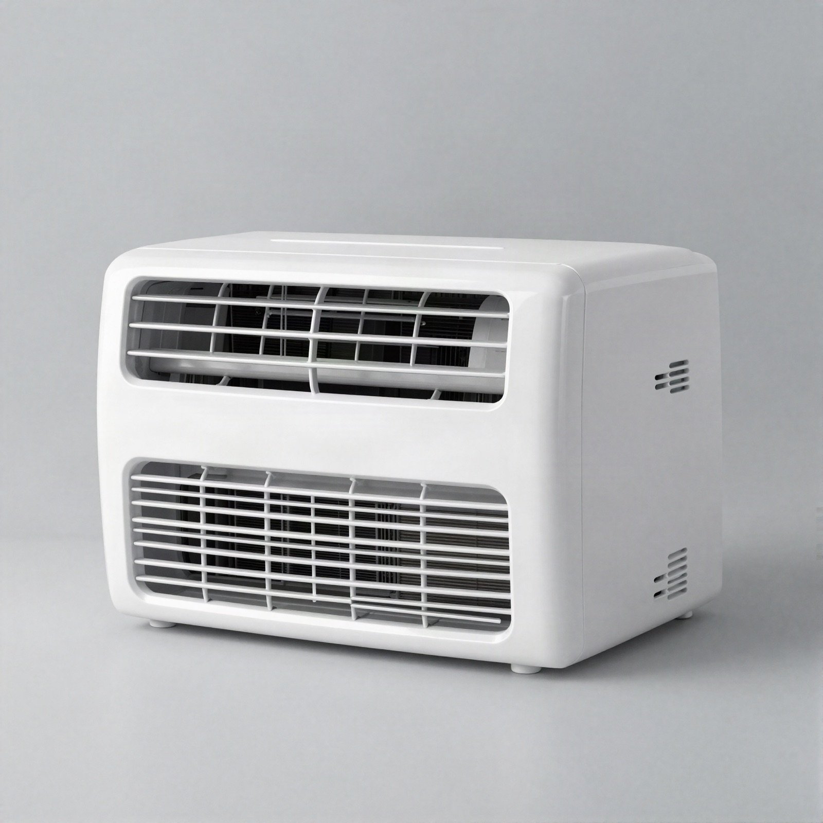 Small white window air conditioner with front grilles