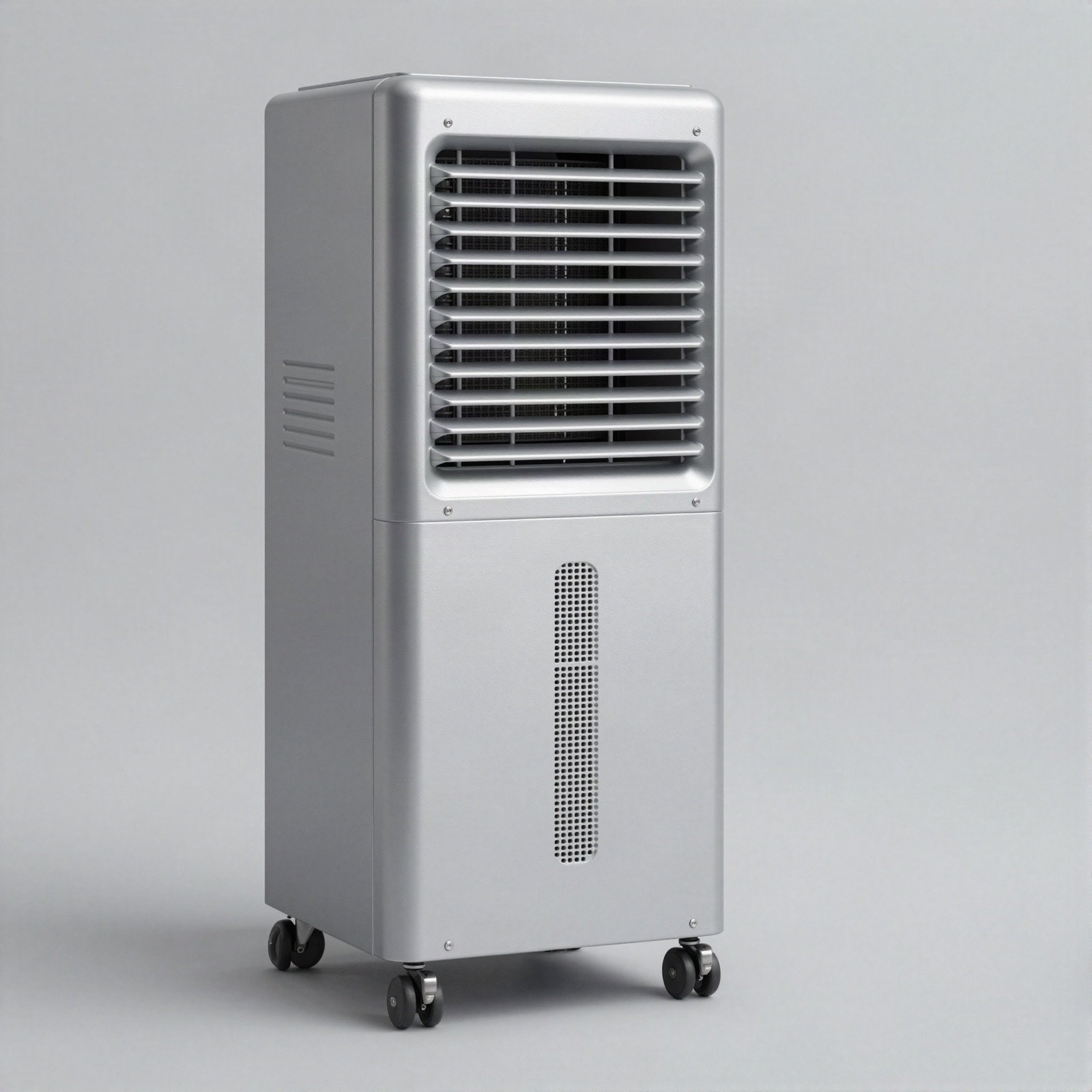 Tall silver portable air conditioner on caster wheels