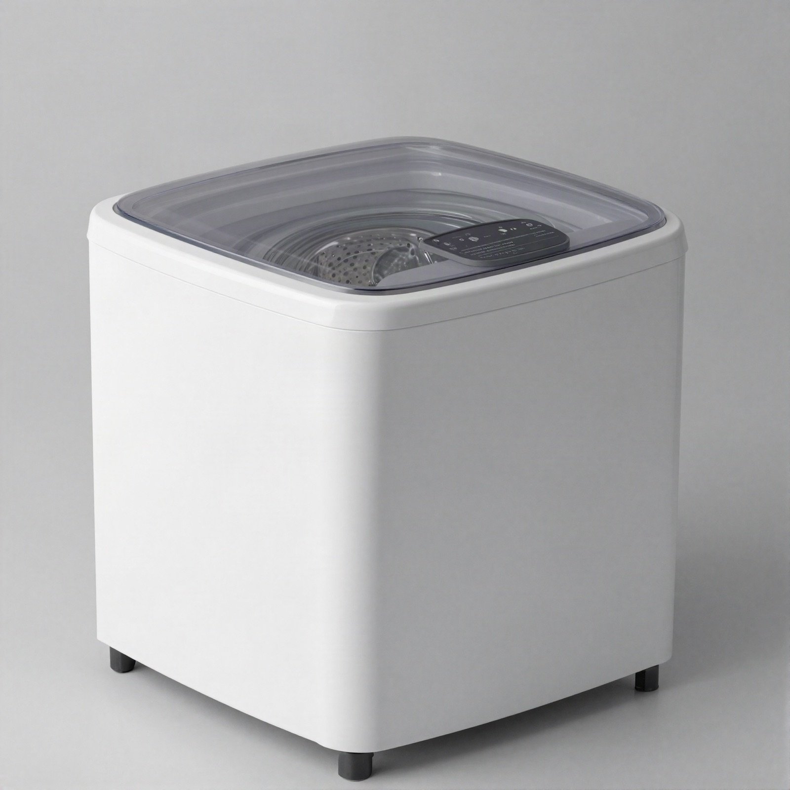 Compact white top-loading portable washer with a clear lid