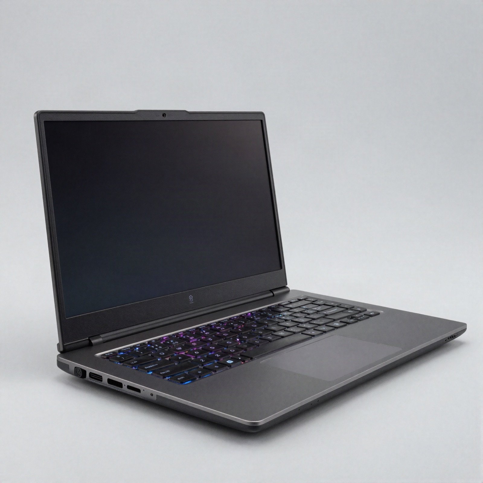 Dark grey gaming laptop with a multicolour backlit keyboard