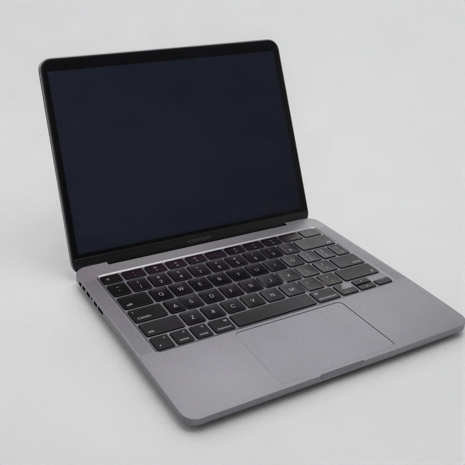 Dark grey 15 inch laptop opened on a grey background