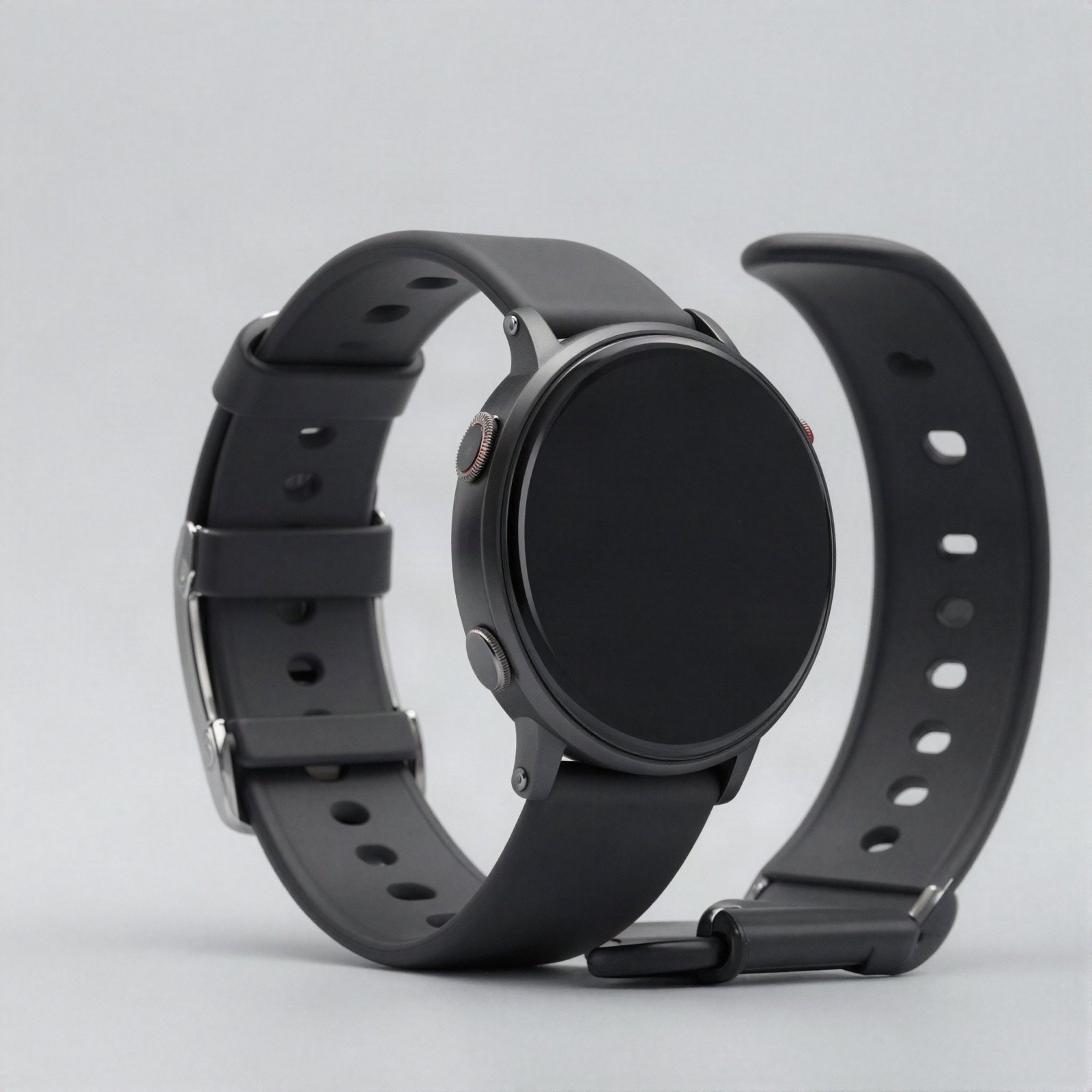 Round black fitness smartwatch with a silicone strap