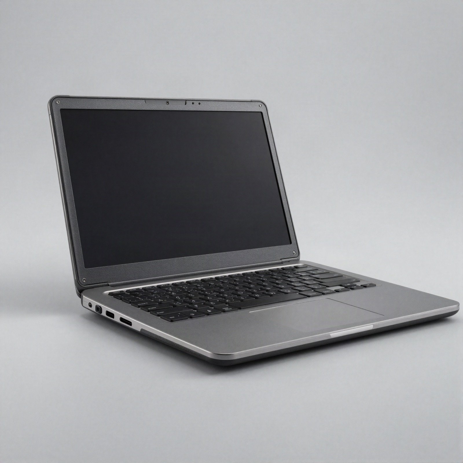 Carbon grey rugged laptop opened on a grey background