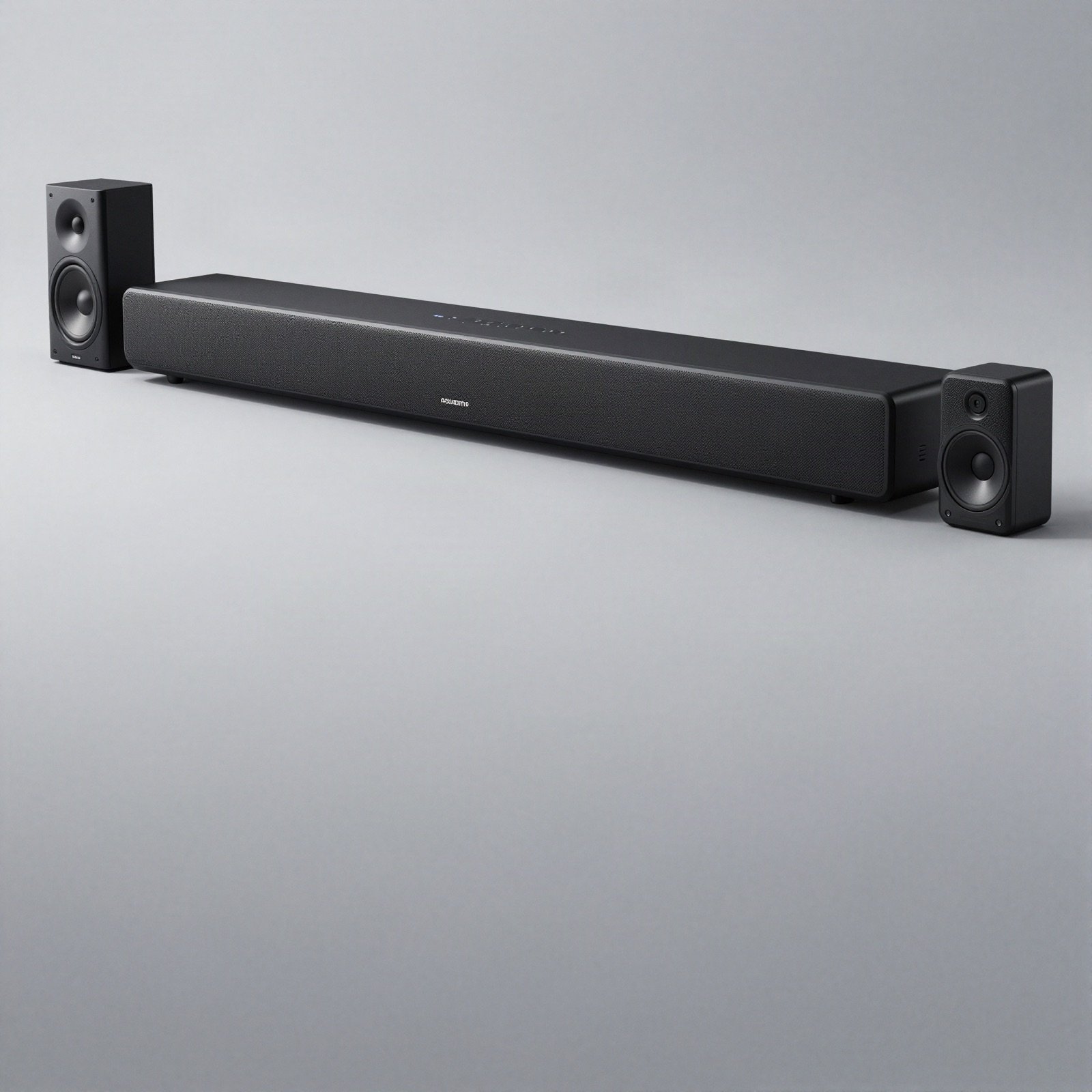 Black soundbar with a subwoofer and two satellite speakers