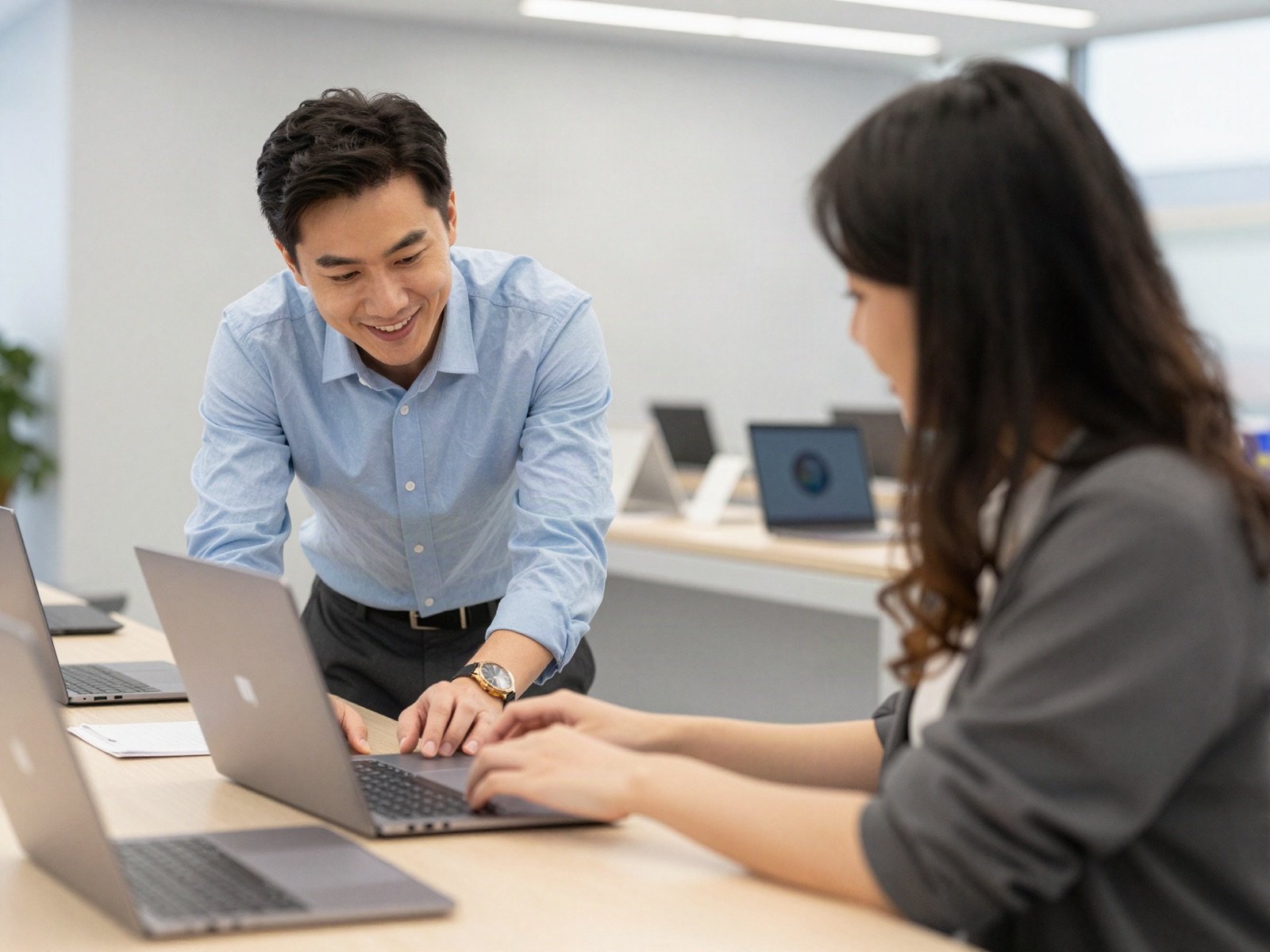 A store assistant helping a customer choose a laptop