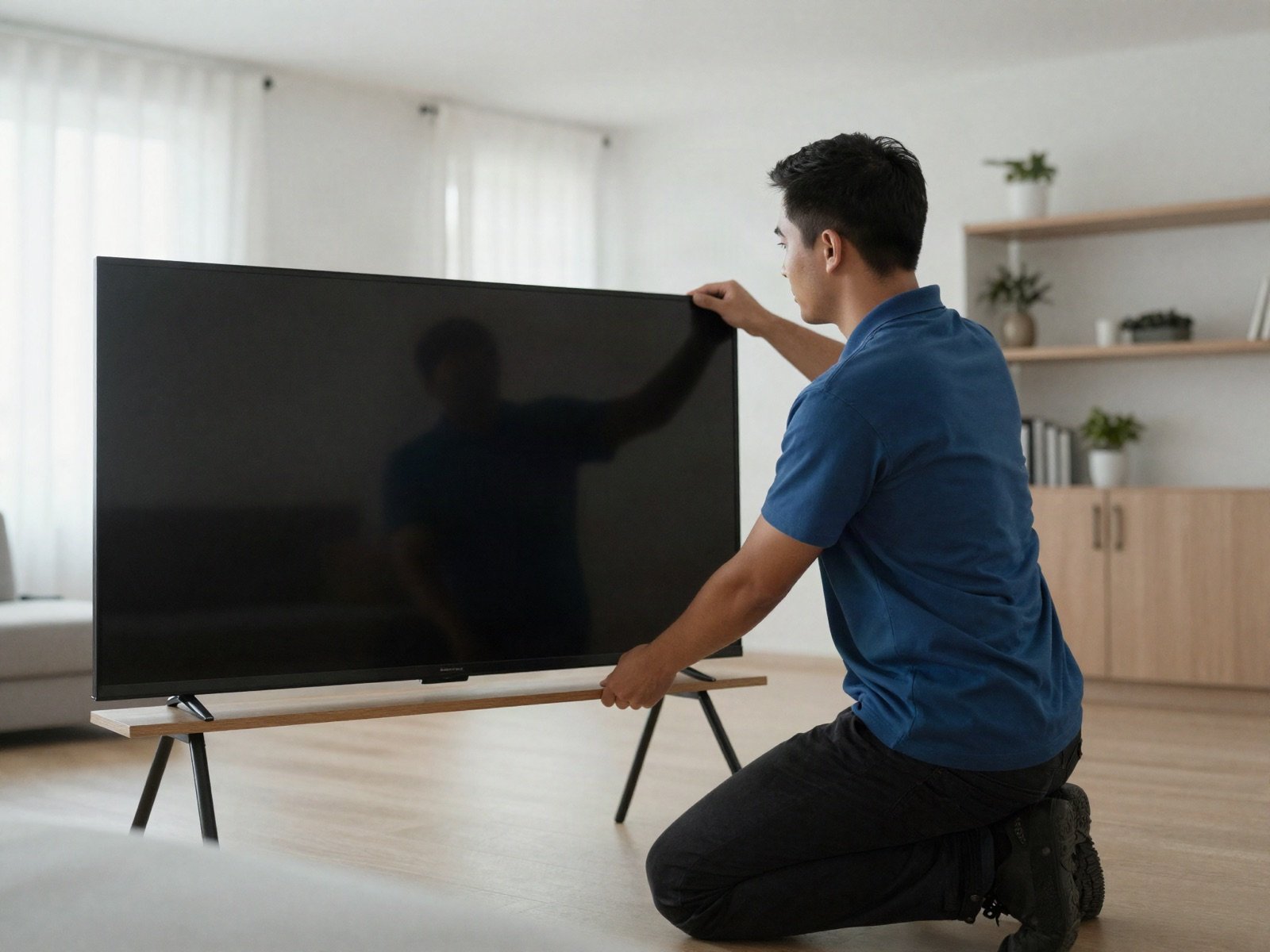 A technician setting up a new flat screen television in a living room