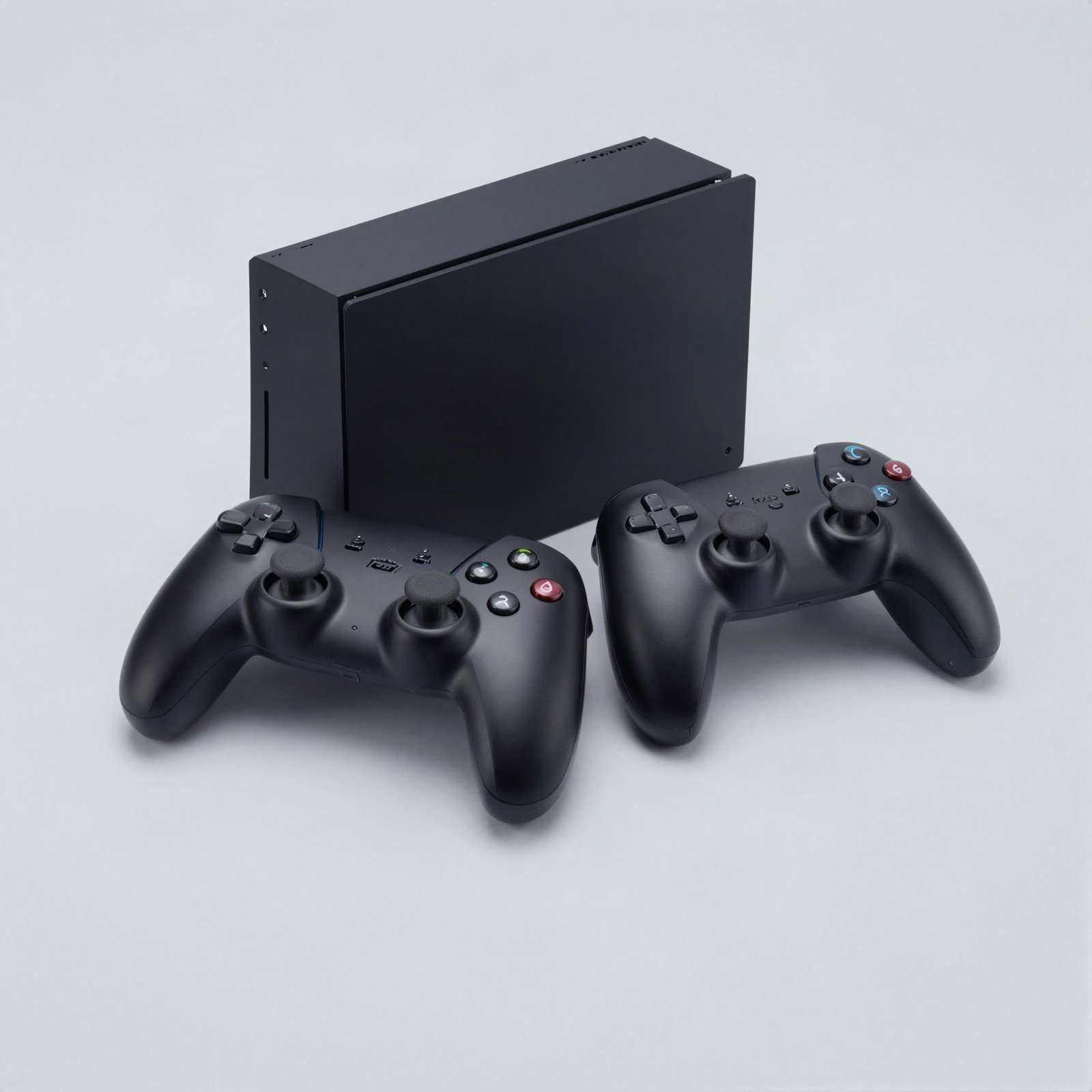 Two black wireless gamepads in front of a black game console