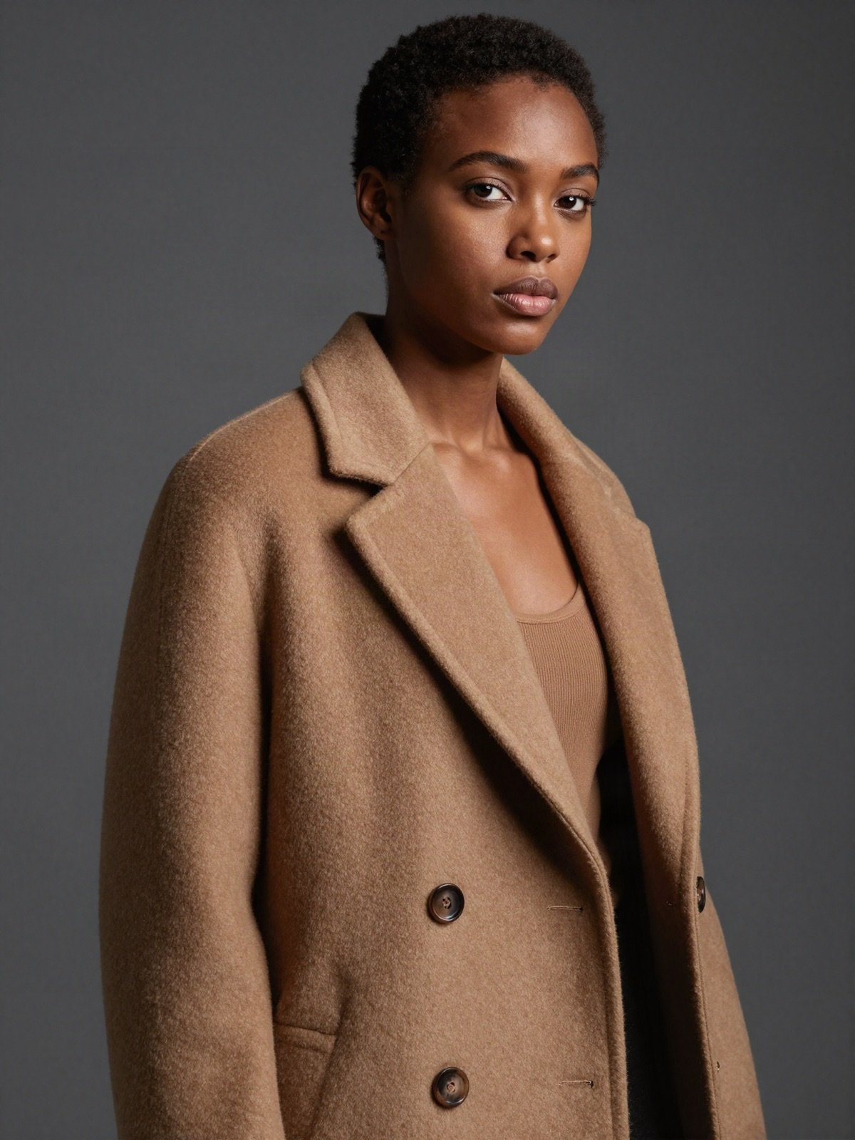 Portrait of Dalia Marouf in a camel coat