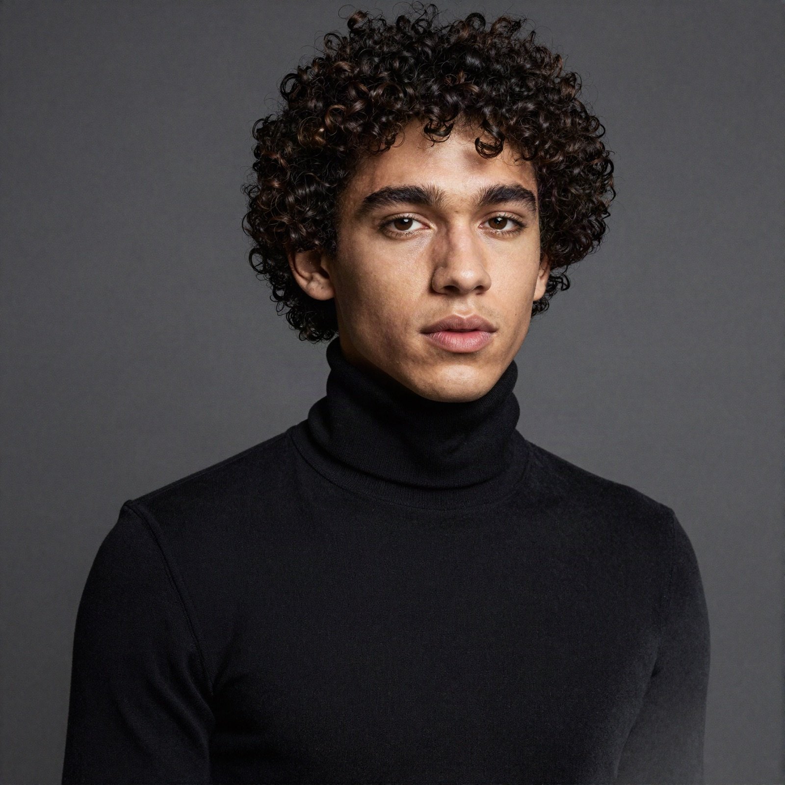 New face with curly hair in a black turtleneck