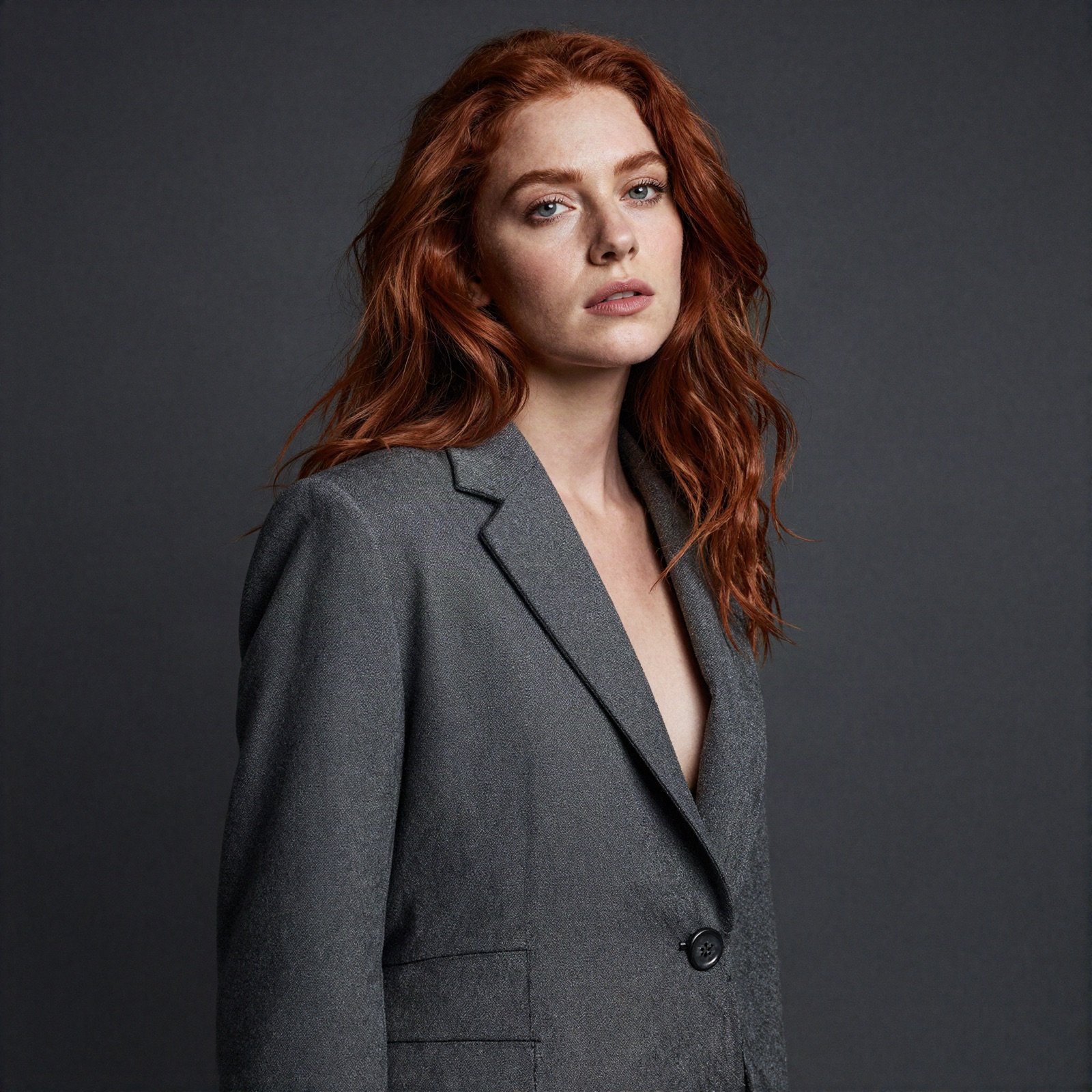 New face with wavy red hair in a grey blazer