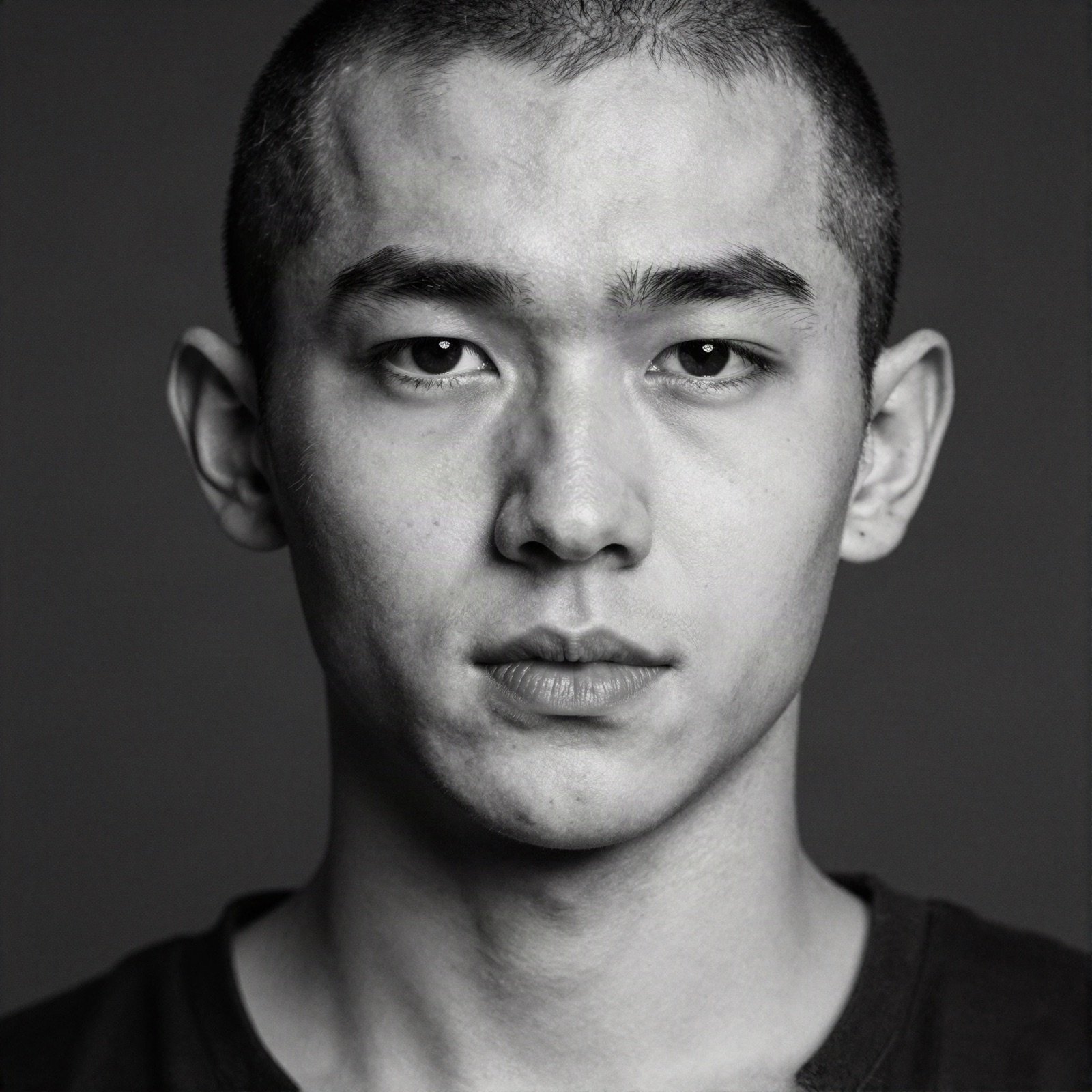 Black and white headshot of a new face with a shaved head