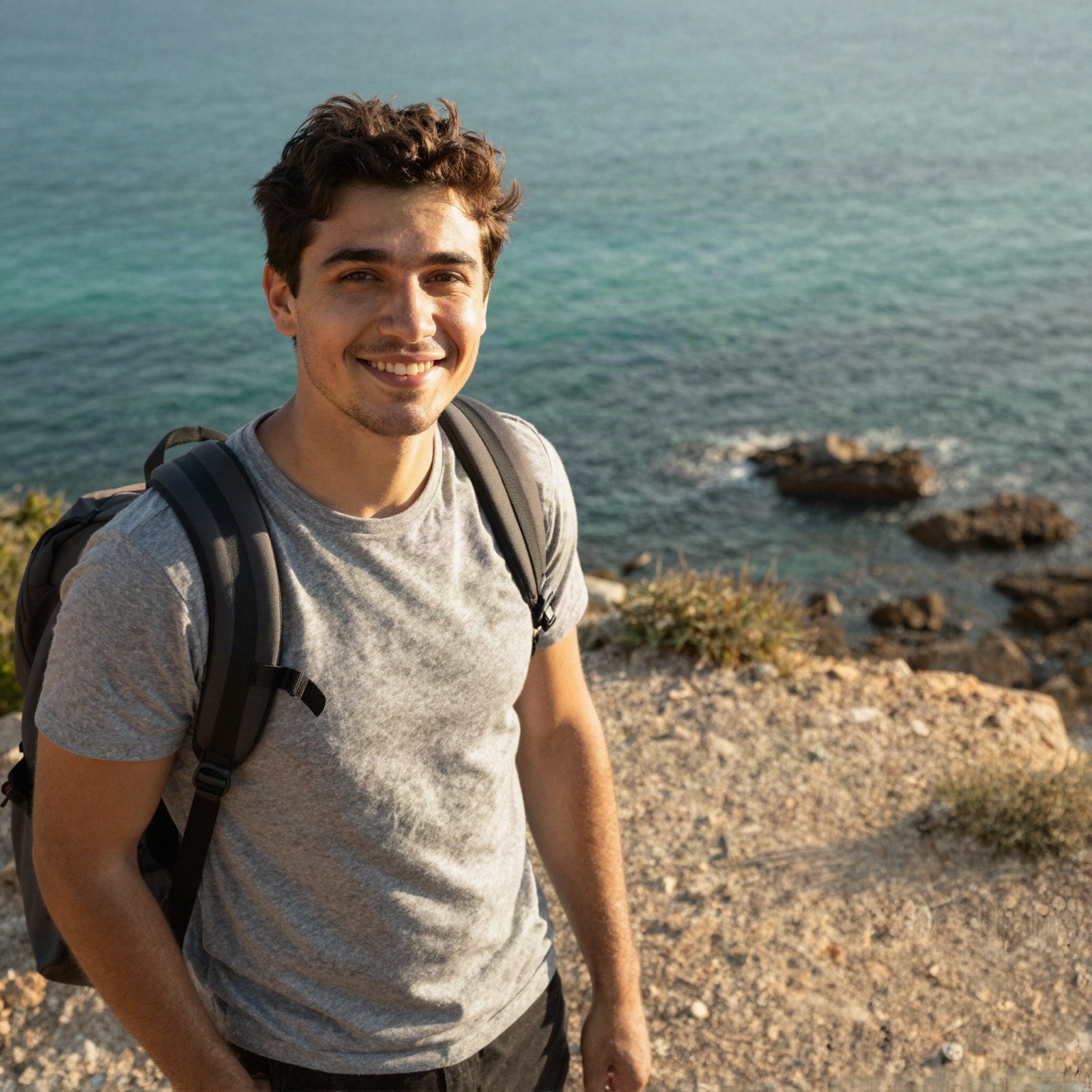 Amir Al Saadi smiling on a coastal cliff path above a turquoise sea
