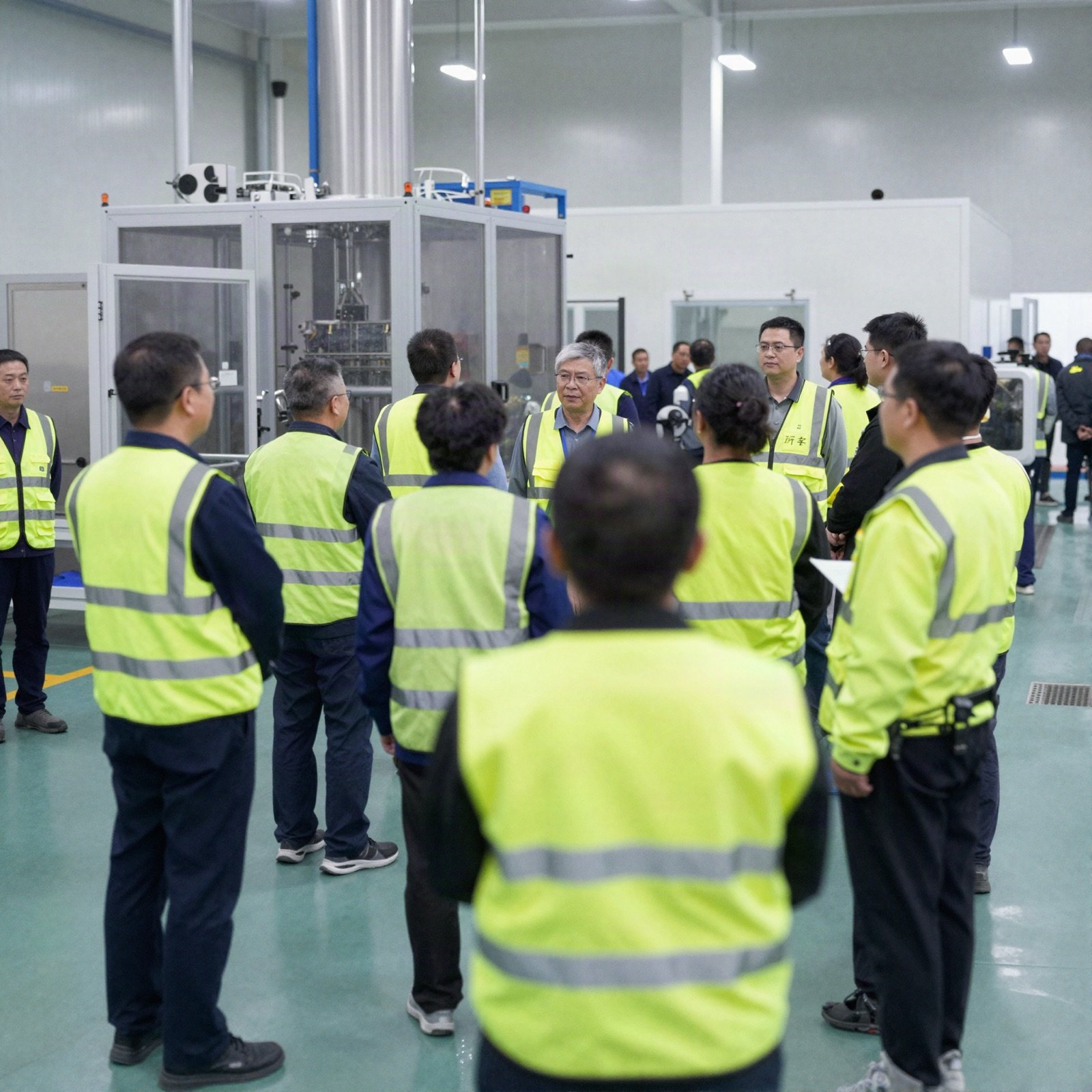Visitors in safety vests touring a production hall on a factory open day