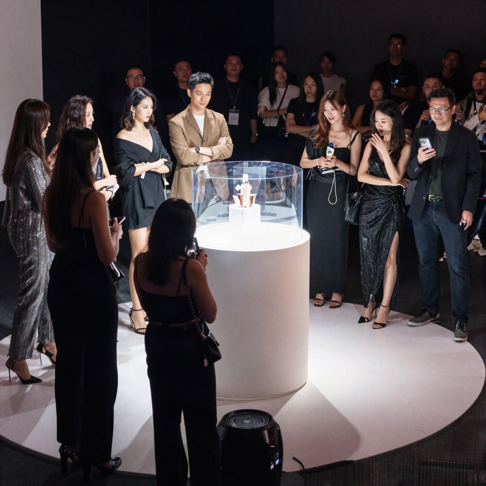 Guests gathered around a spotlit display at a product launch