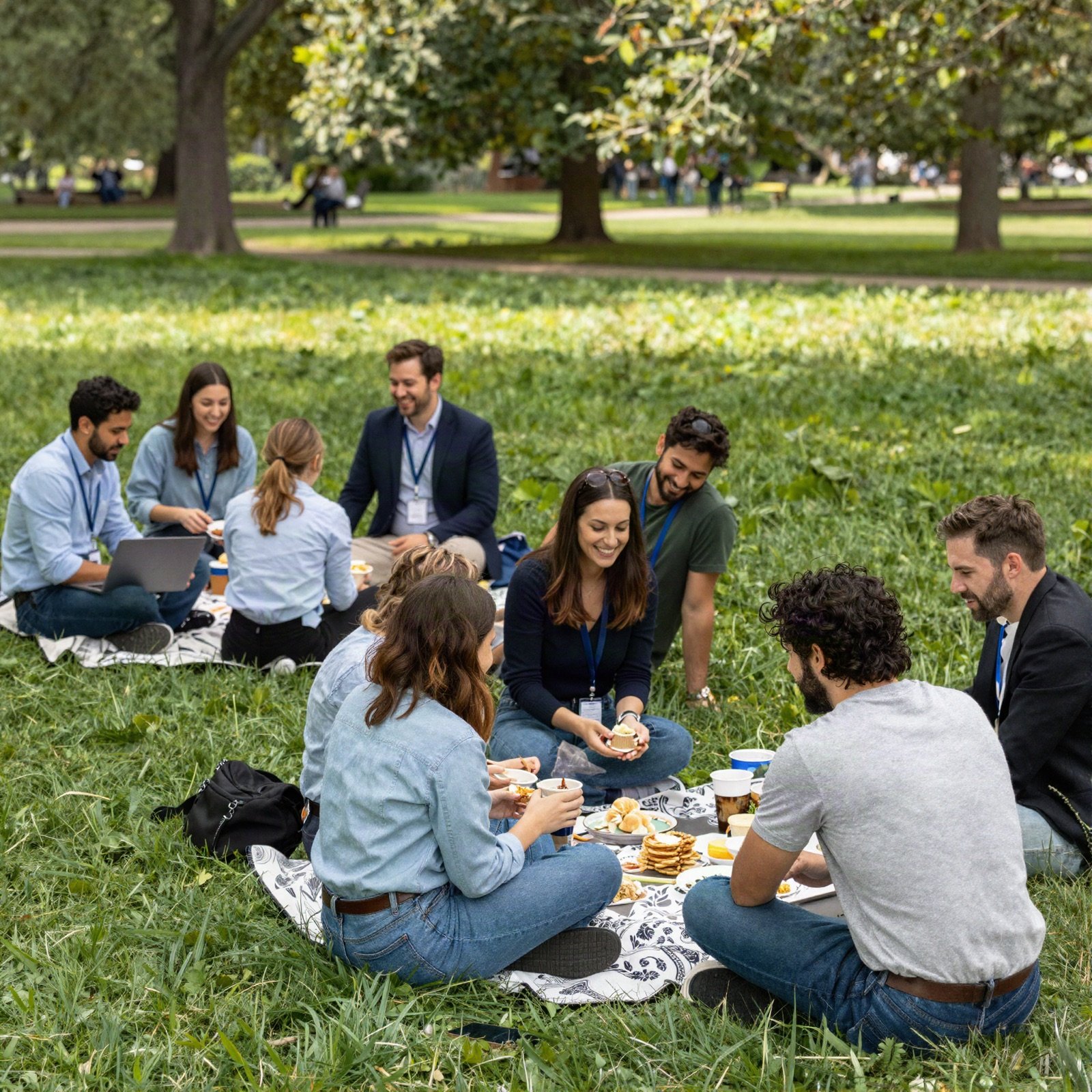 Colleagues sharing food on picnic blankets in a sunny park