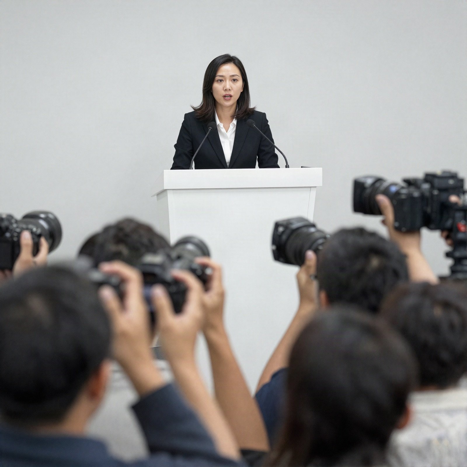 Spokeswoman at a podium facing photographers at a press event