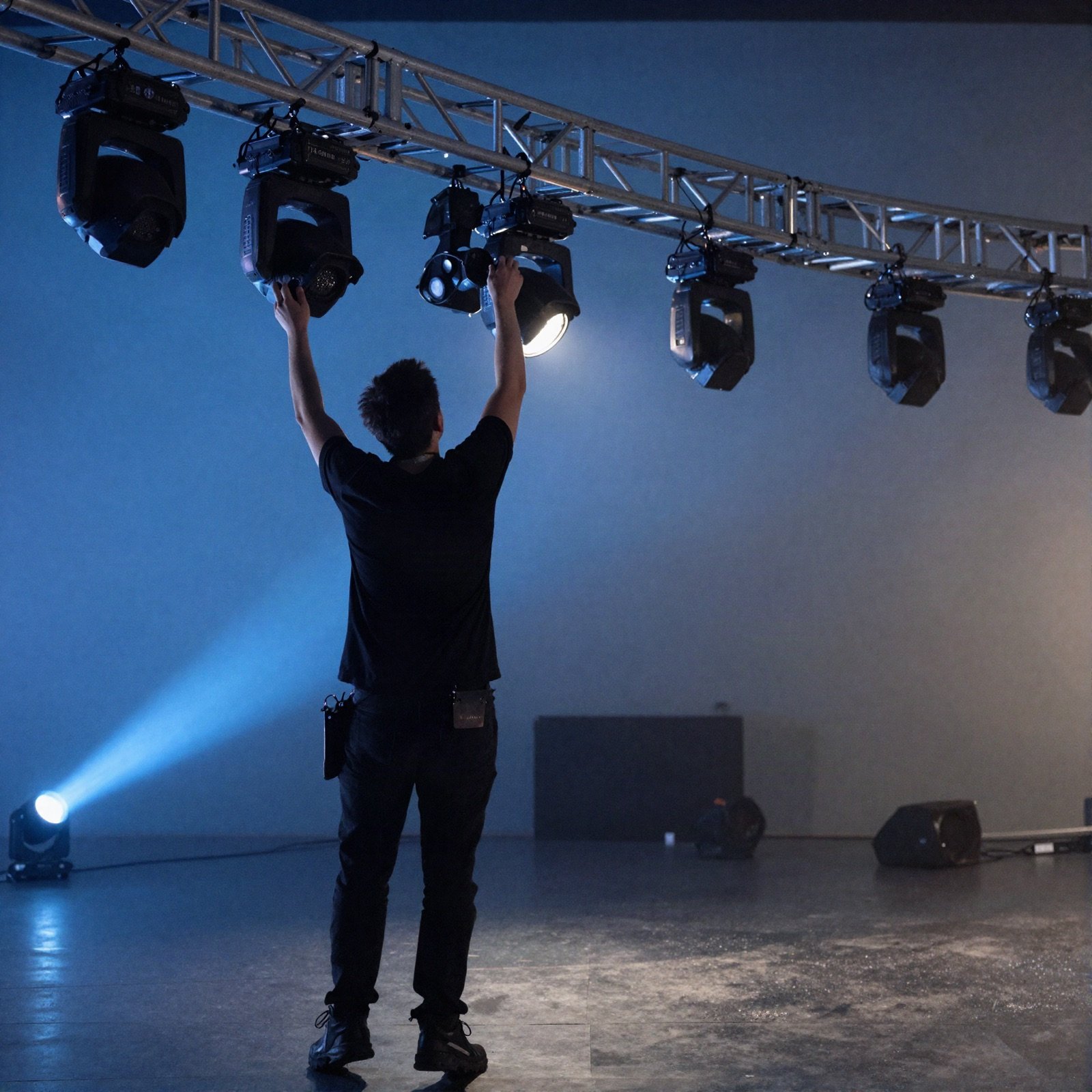 Crew member adjusting stage lights on a truss above a conference stage