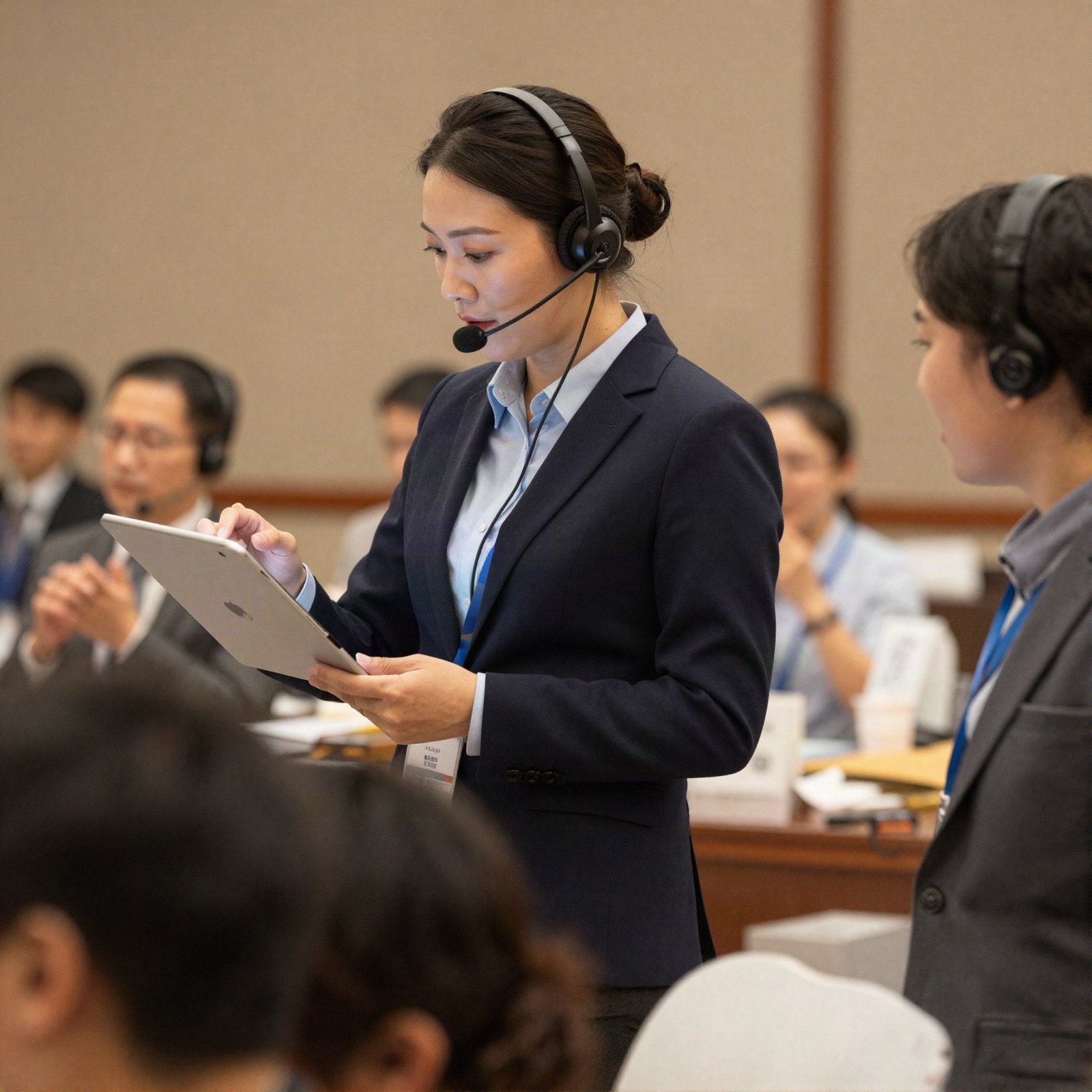 Event planner with a headset and tablet coordinating staff at a venue