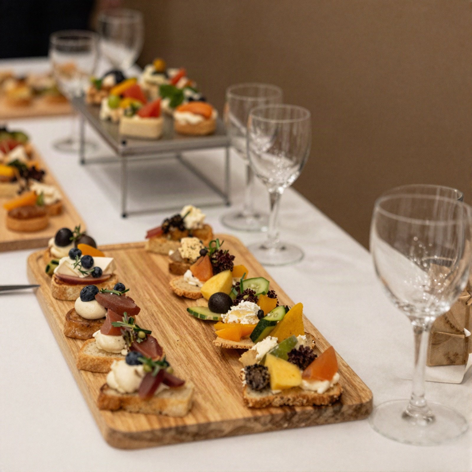 Canapes and glasses laid out on a catering table