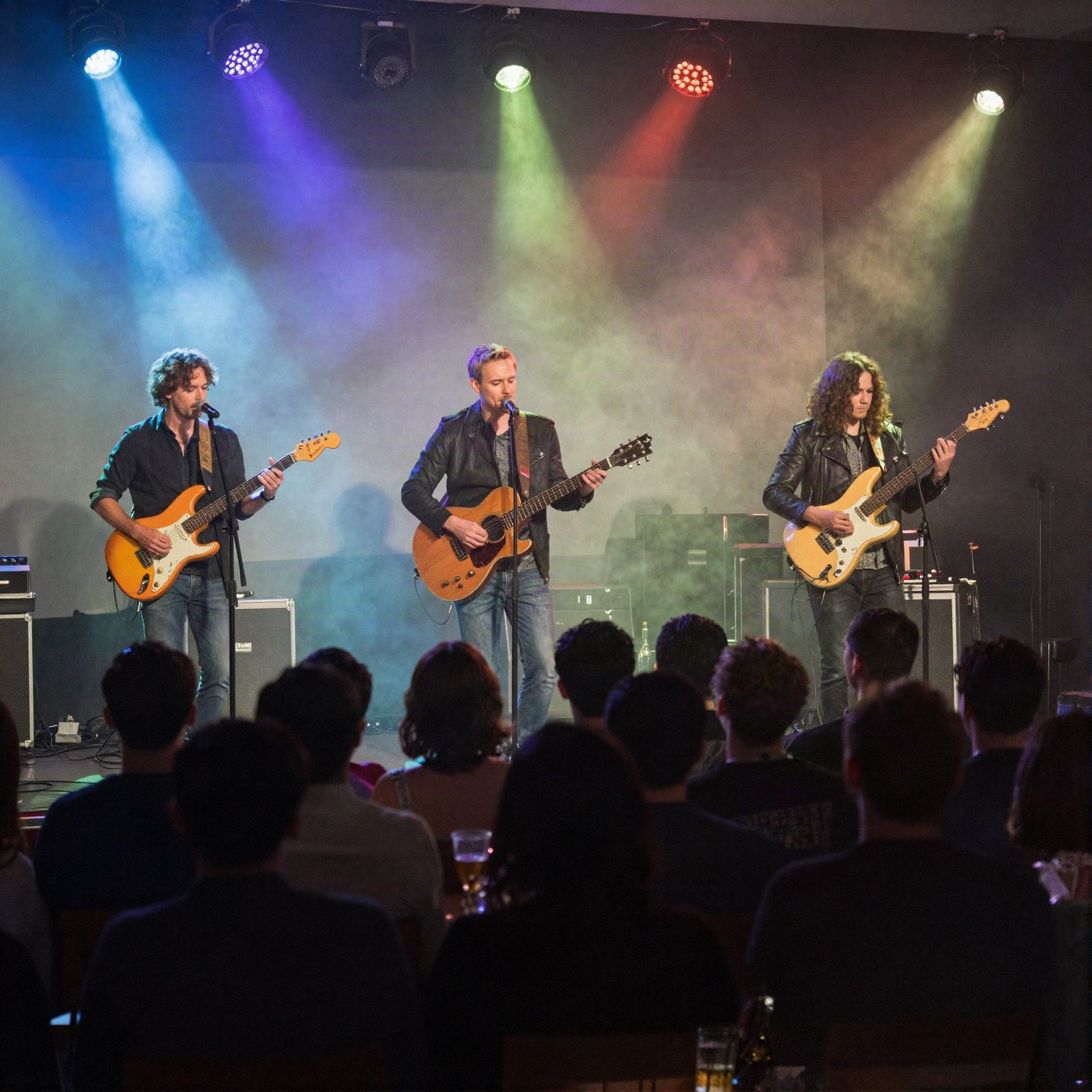 Band playing on a stage under coloured lights