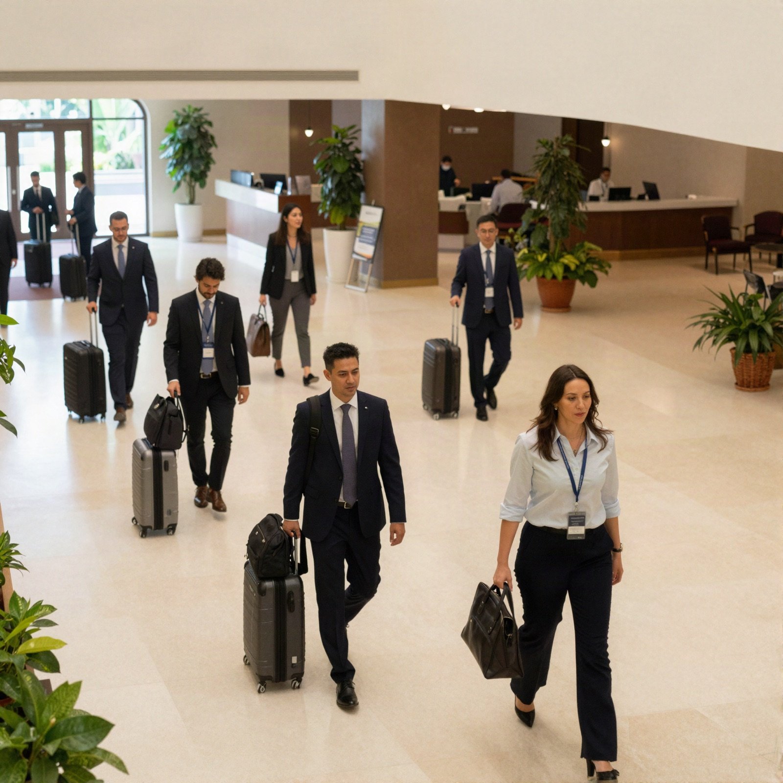 Business guests arriving with luggage in a hotel lobby