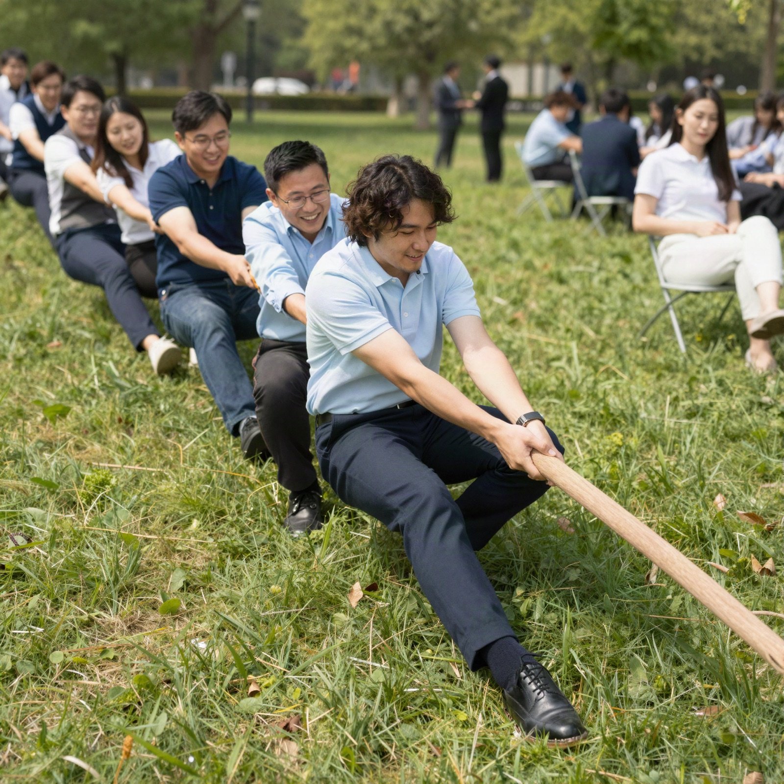 Colleagues playing tug of war at a company picnic