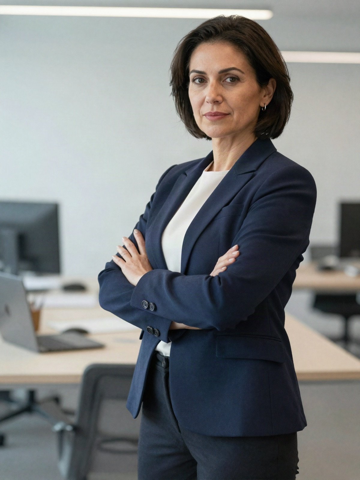 Businesswoman in a navy blazer with arms crossed in an office