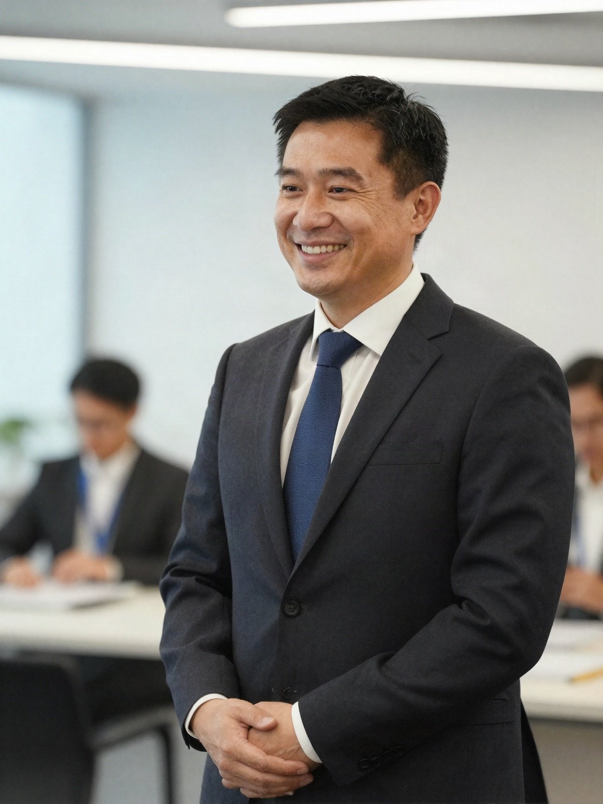 Smiling event director in a dark suit