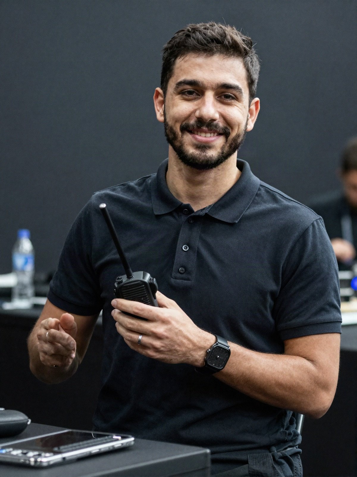 Production manager holding a radio backstage