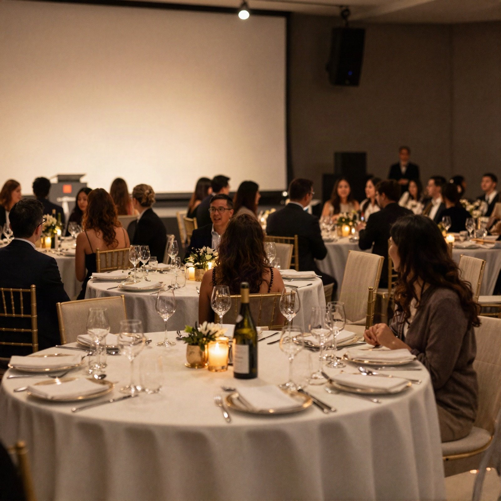 Round banquet tables set with white linen and candles at a corporate gala dinner