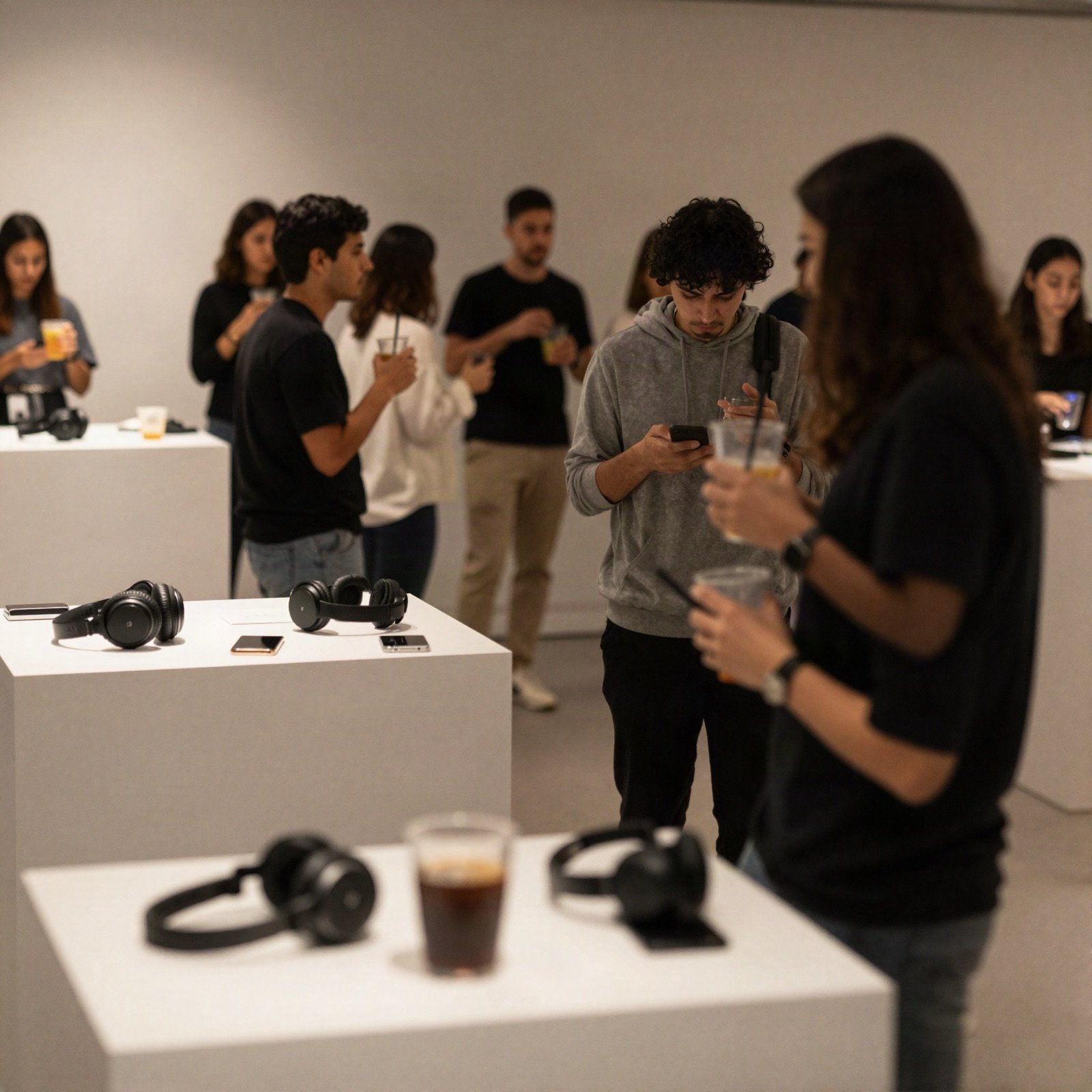 Guests with drinks trying headphones on white display plinths at a product launch
