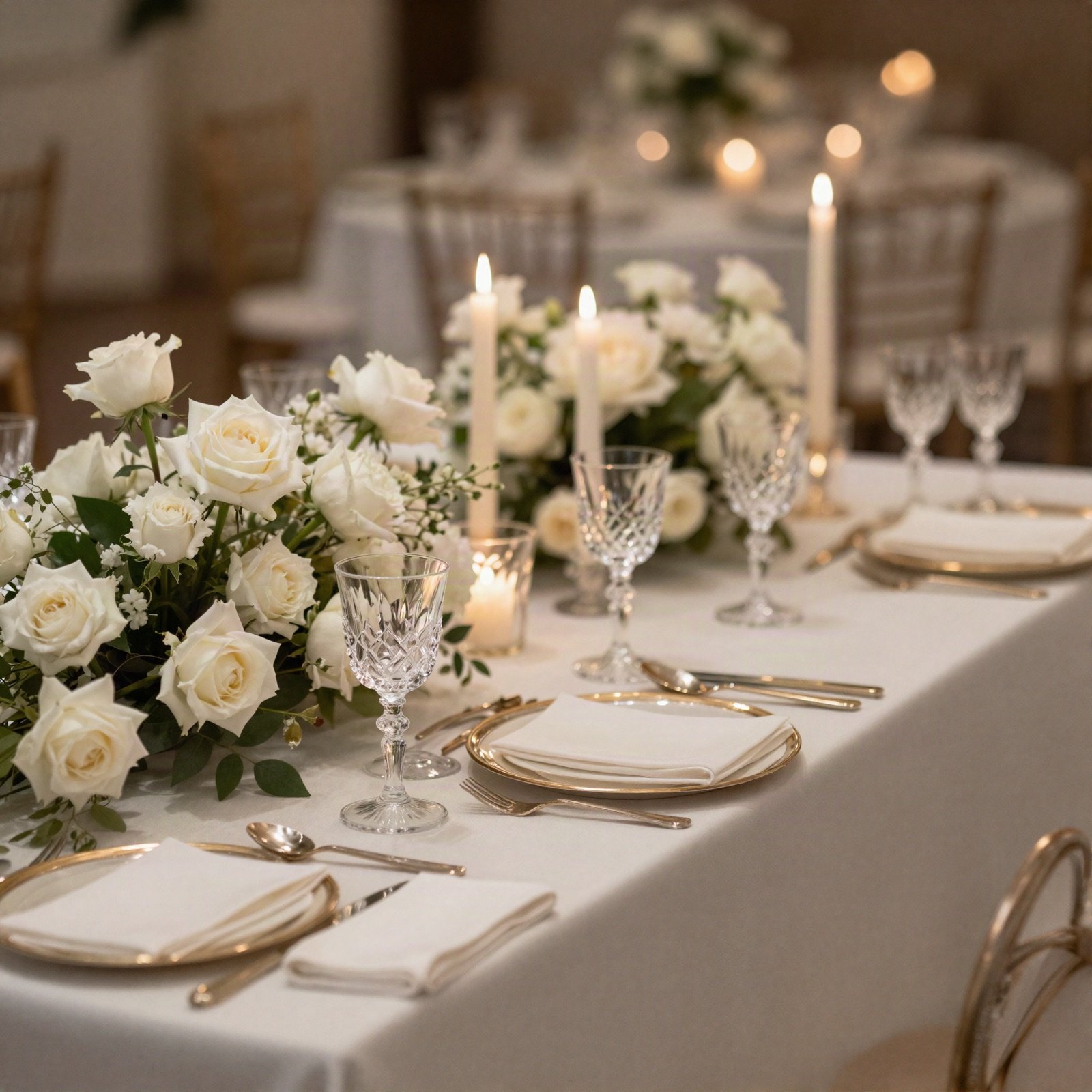 Wedding reception table with white roses, tall candles, crystal glasses and gold cutlery
