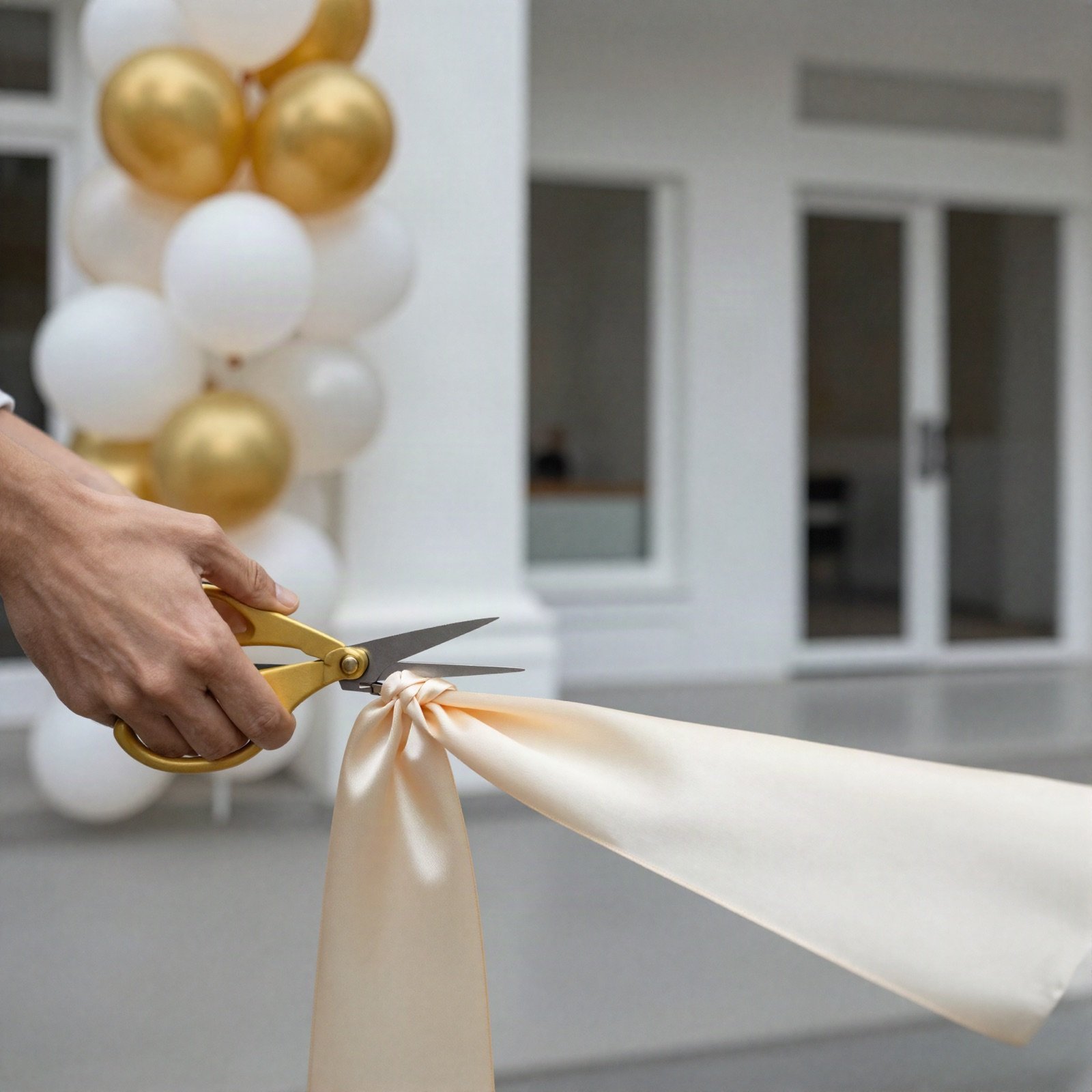 A hand cutting a champagne satin ribbon with gold scissors beside white and gold balloons